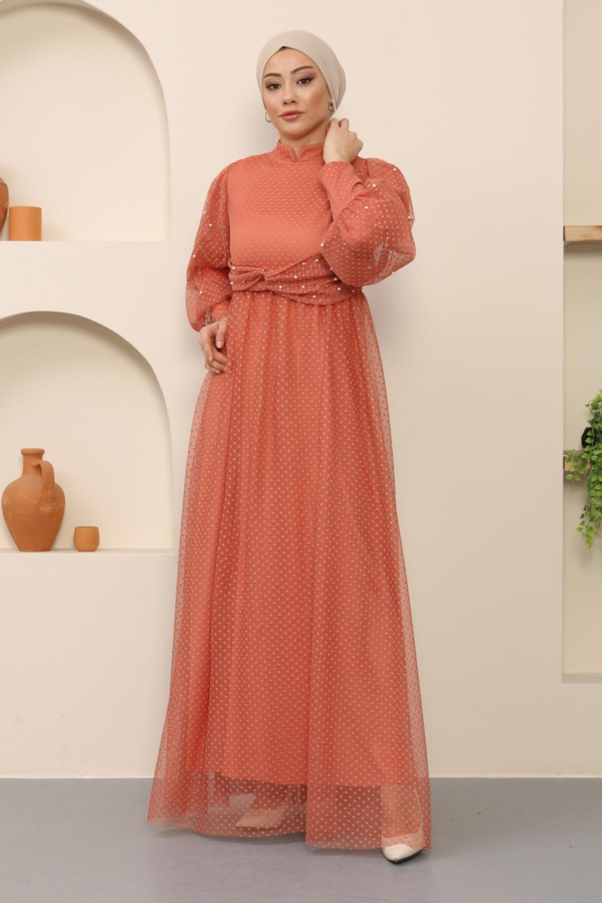 İnci Detaylı Tül Abiye Somon Somon MSW12238-2