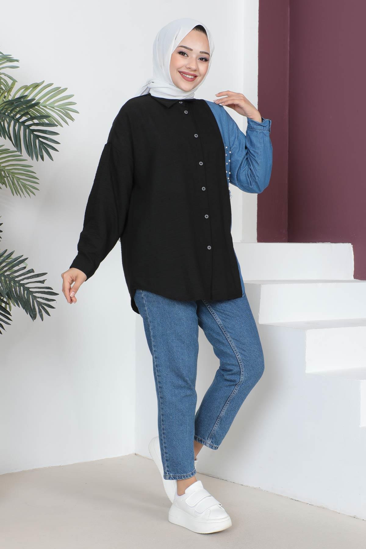 İnci Ve Kot Detaylı Oversize Gömlek Siyah 6069