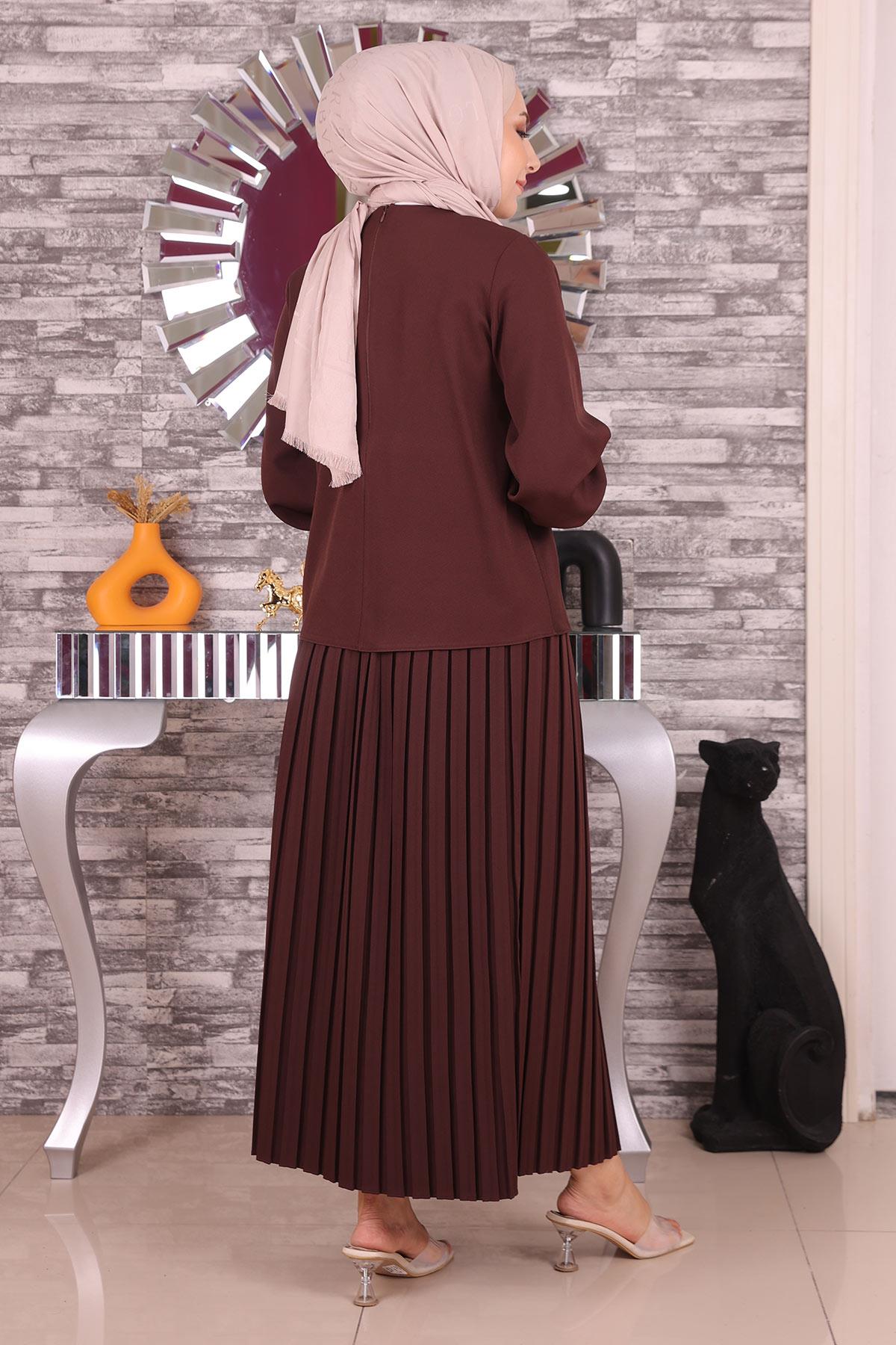 İnci ve Taş Detaylı Takım Kahverengi 19135