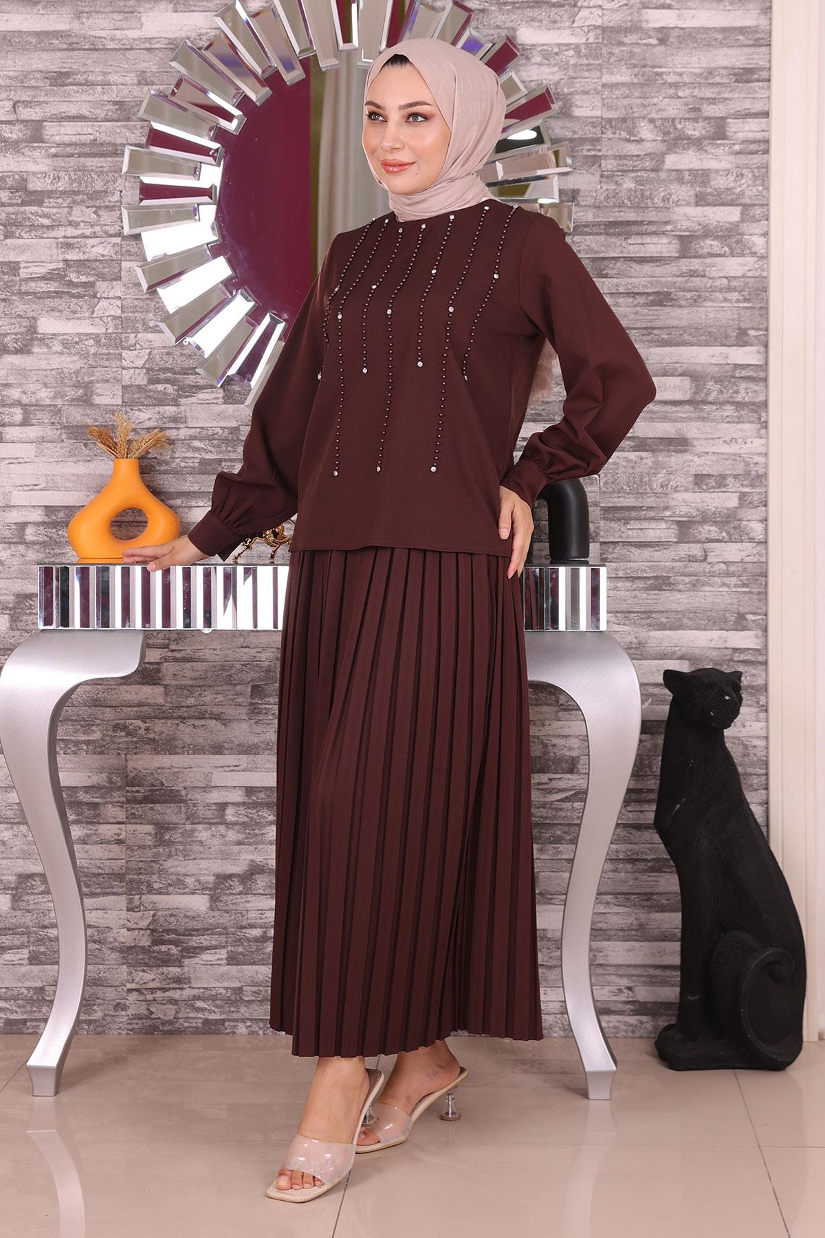 İnci ve Taş Detaylı Takım Kahverengi 19135