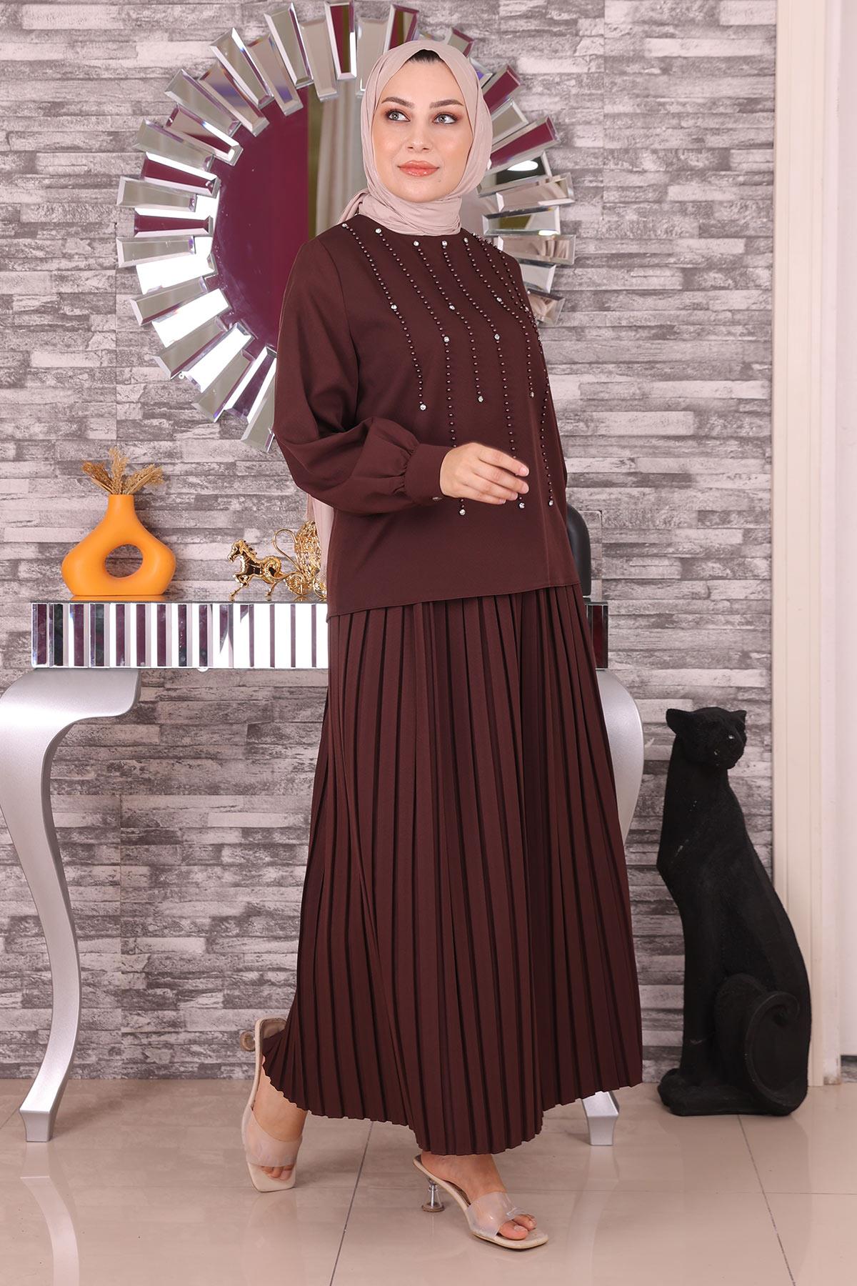 İnci ve Taş Detaylı Takım Kahverengi 19135