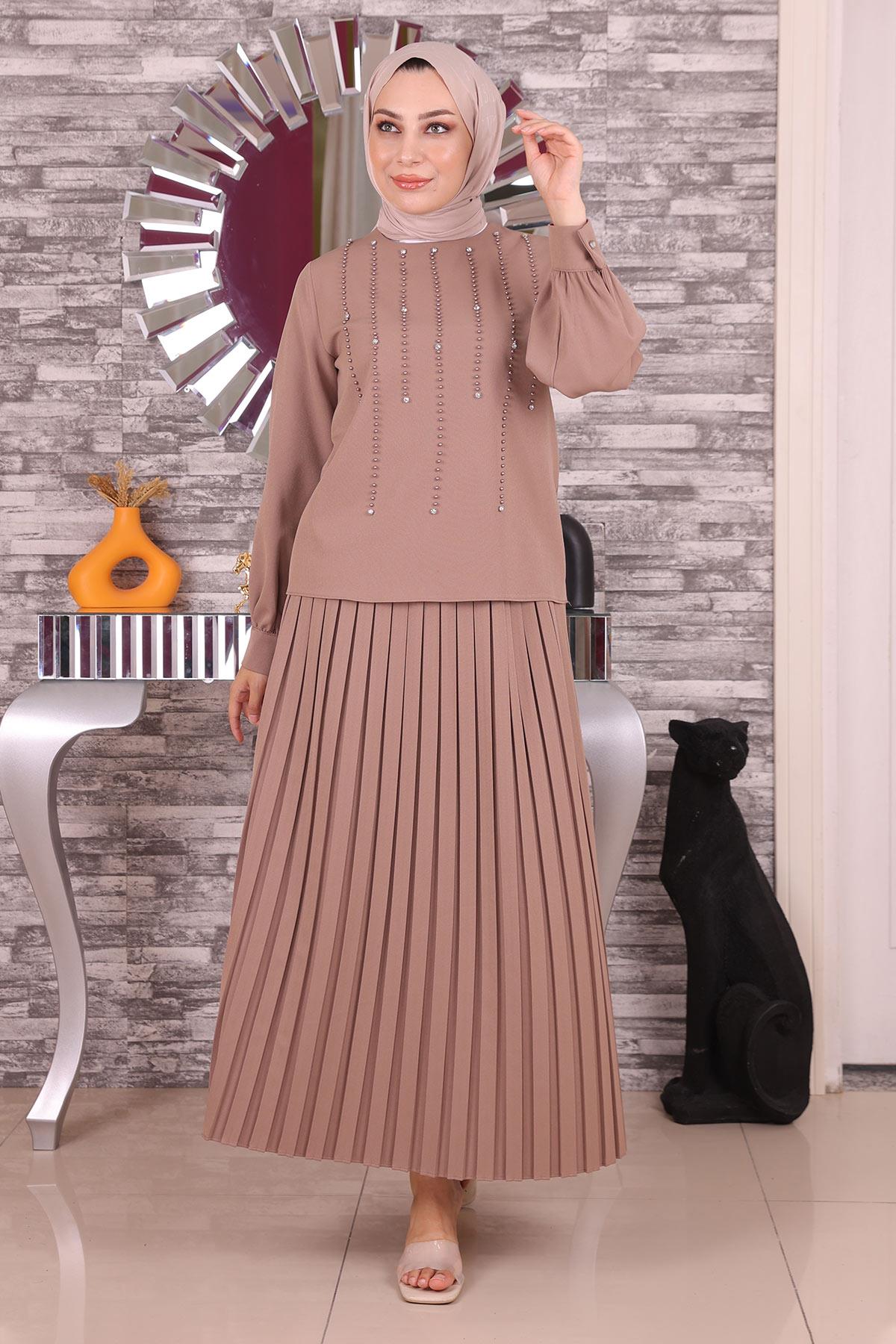 İnci ve Taş Detaylı Takım Vizon 19135