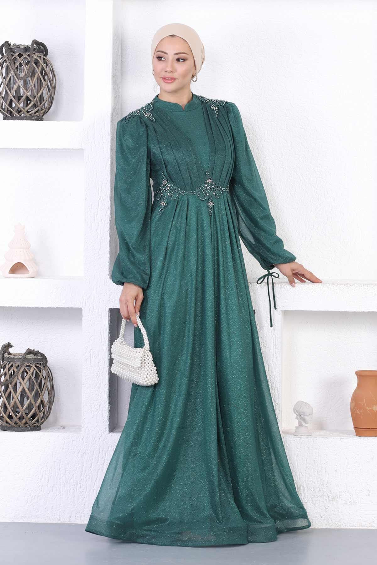 İncili Dantelli Simli Abiye Zümrüt 12252