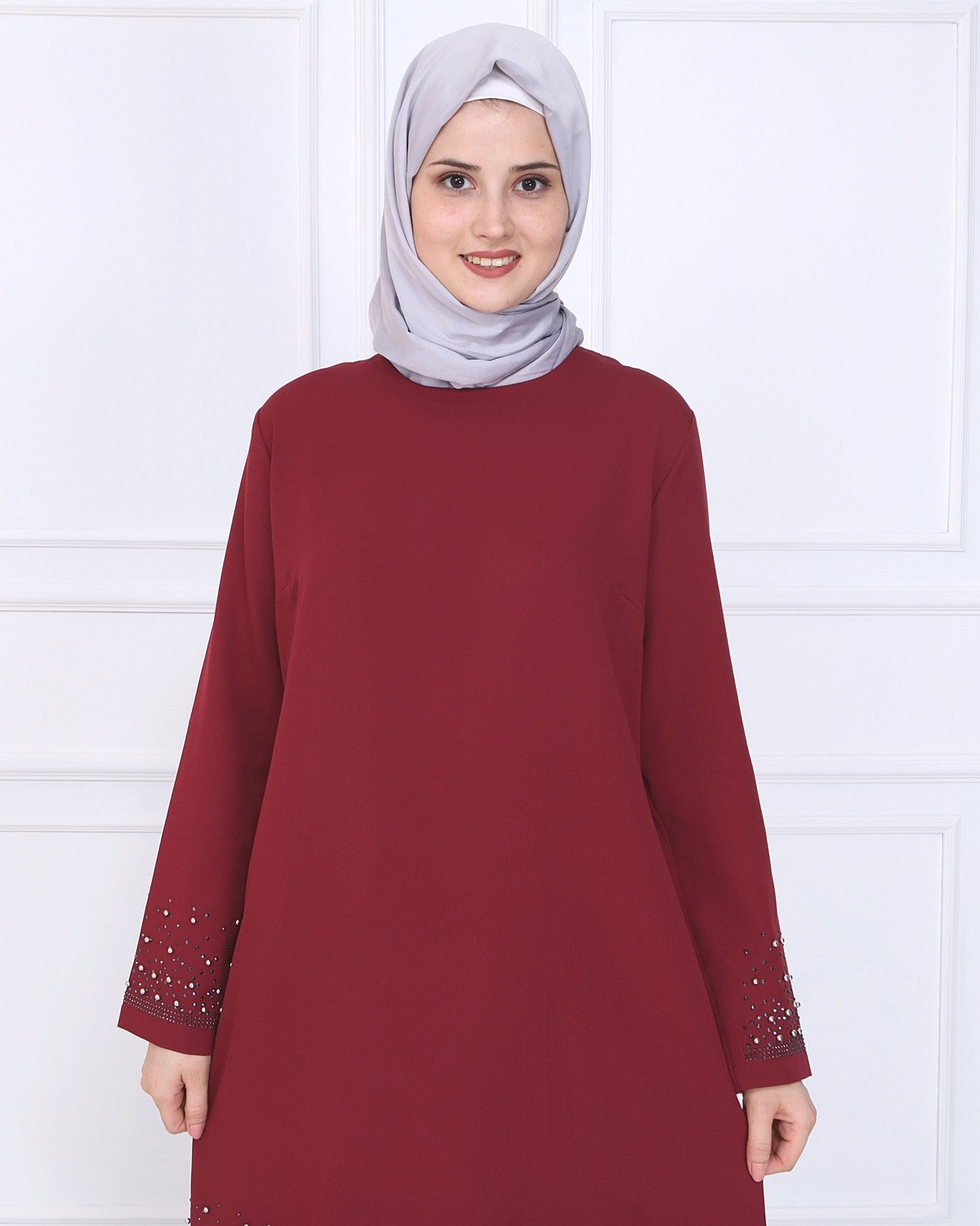 İncili Dantelli Tesettür Kombin Bordo Bordo 9978-3