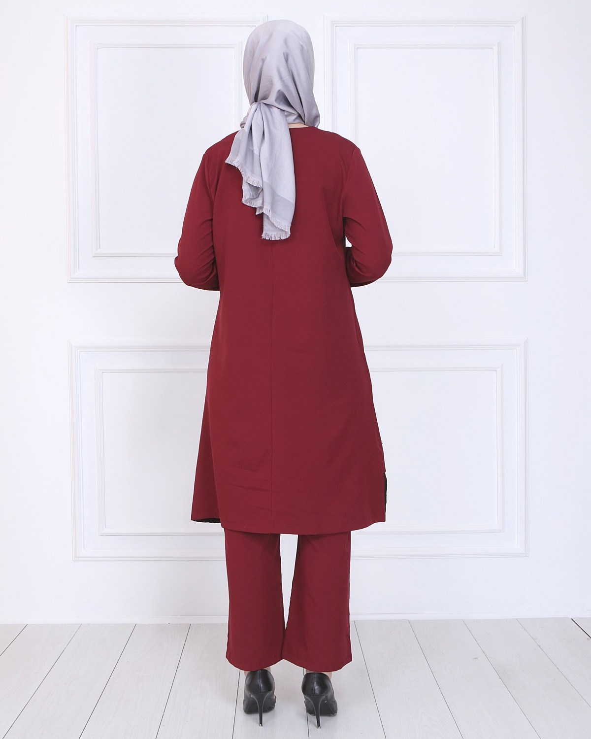 İncili Dantelli Tesettür Kombin Bordo Bordo 9978-3