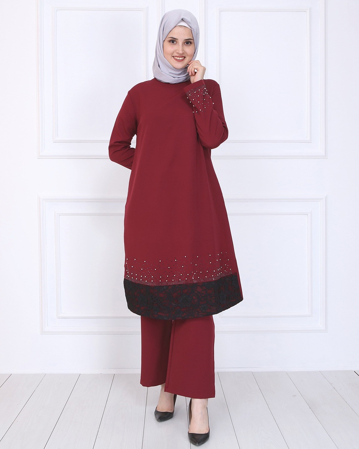 İncili Dantelli Tesettür Kombin Bordo Bordo 9978-3