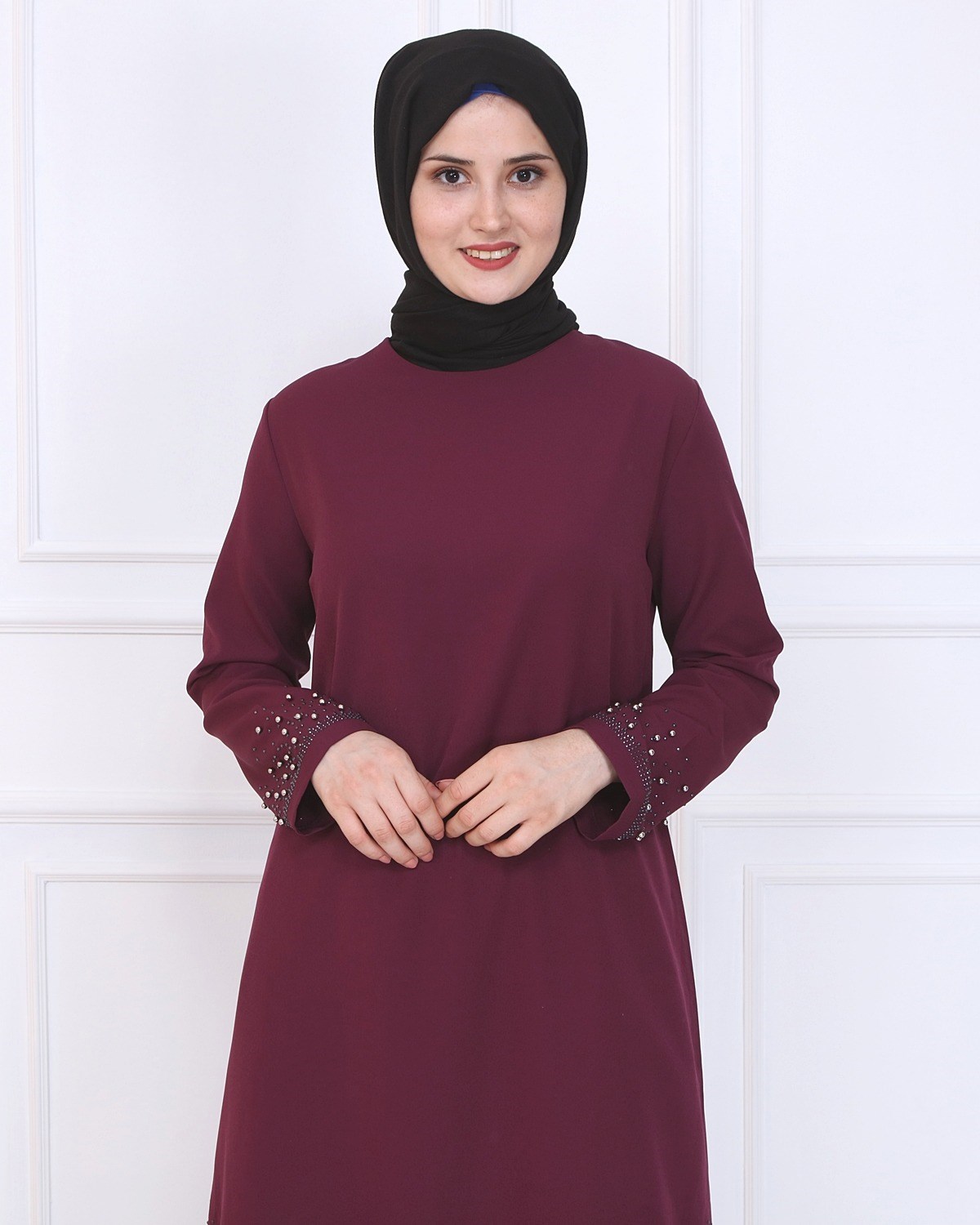 İncili Dantelli Tesettür Kombin Mürdüm Mürdüm 9978-5