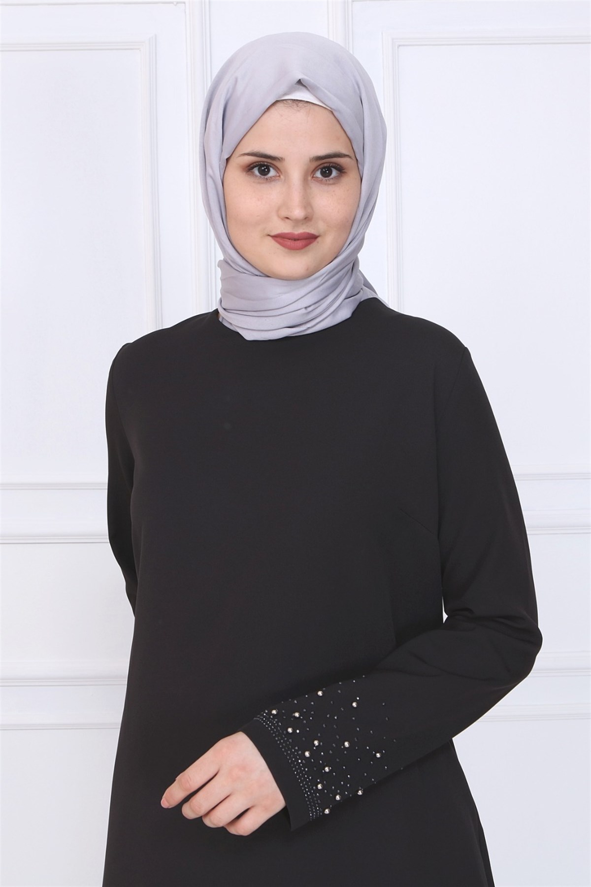 İncili Dantelli Tesettür Kombin Siyah Siyah 9978-4