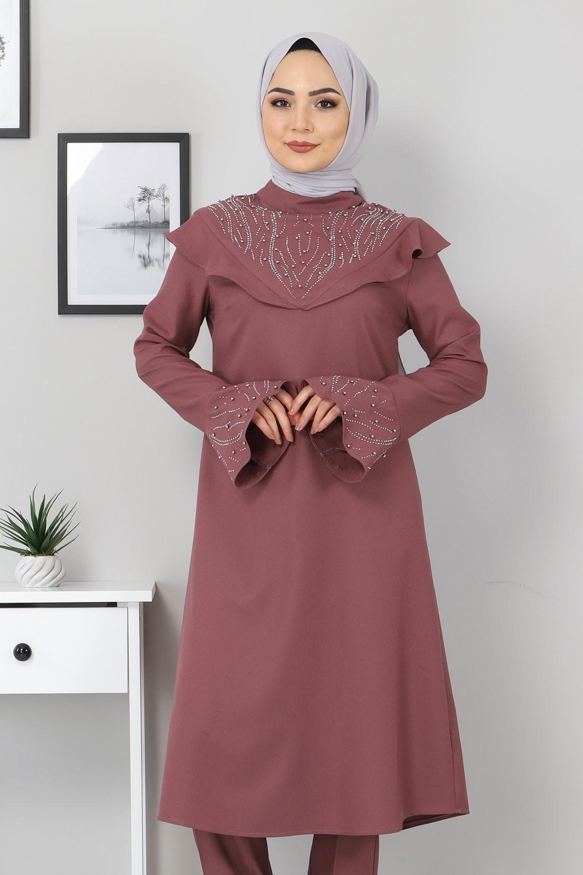 İncili Fırfırlı Kombin Gül Kurusu 9871