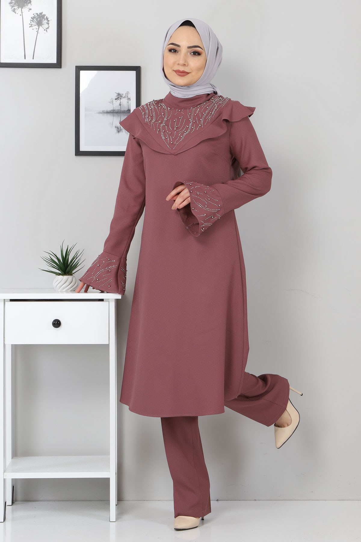 İncili Fırfırlı Kombin Gül Kurusu 9871