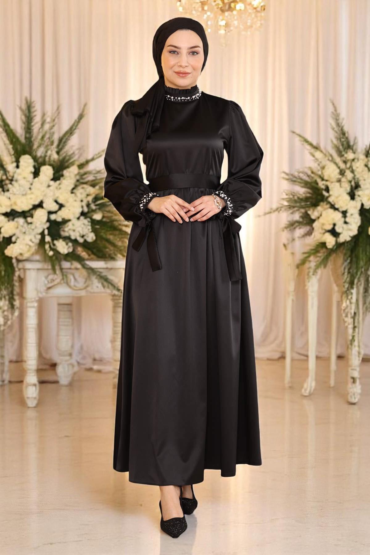 İncili Saten Abiye Siyah 19121