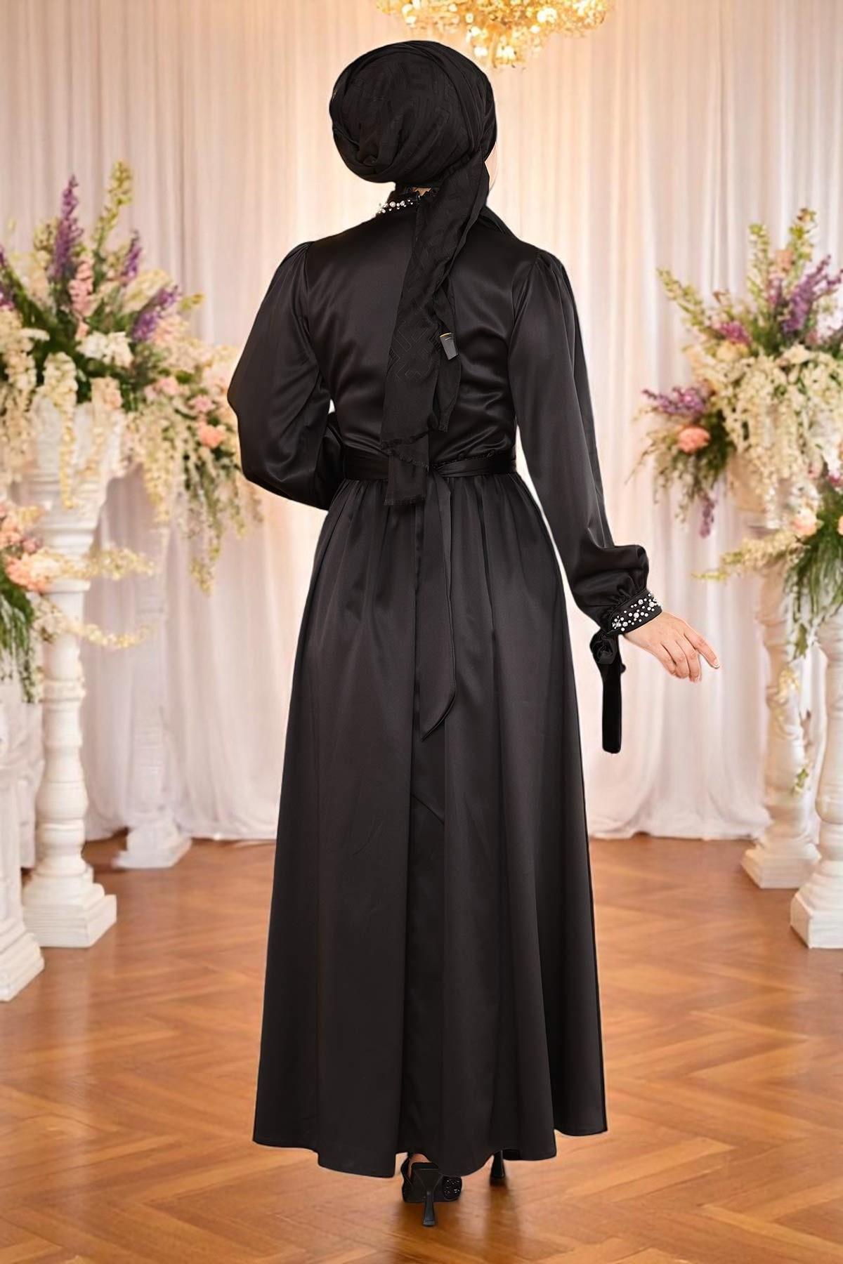 İncili Saten Abiye Siyah 19121