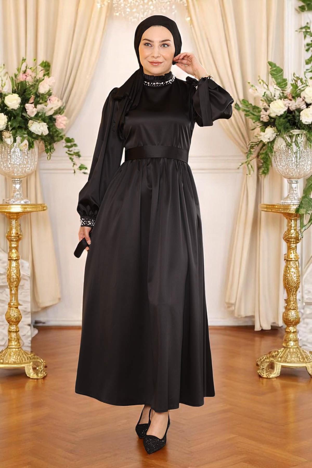 İncili Saten Abiye Siyah 19121