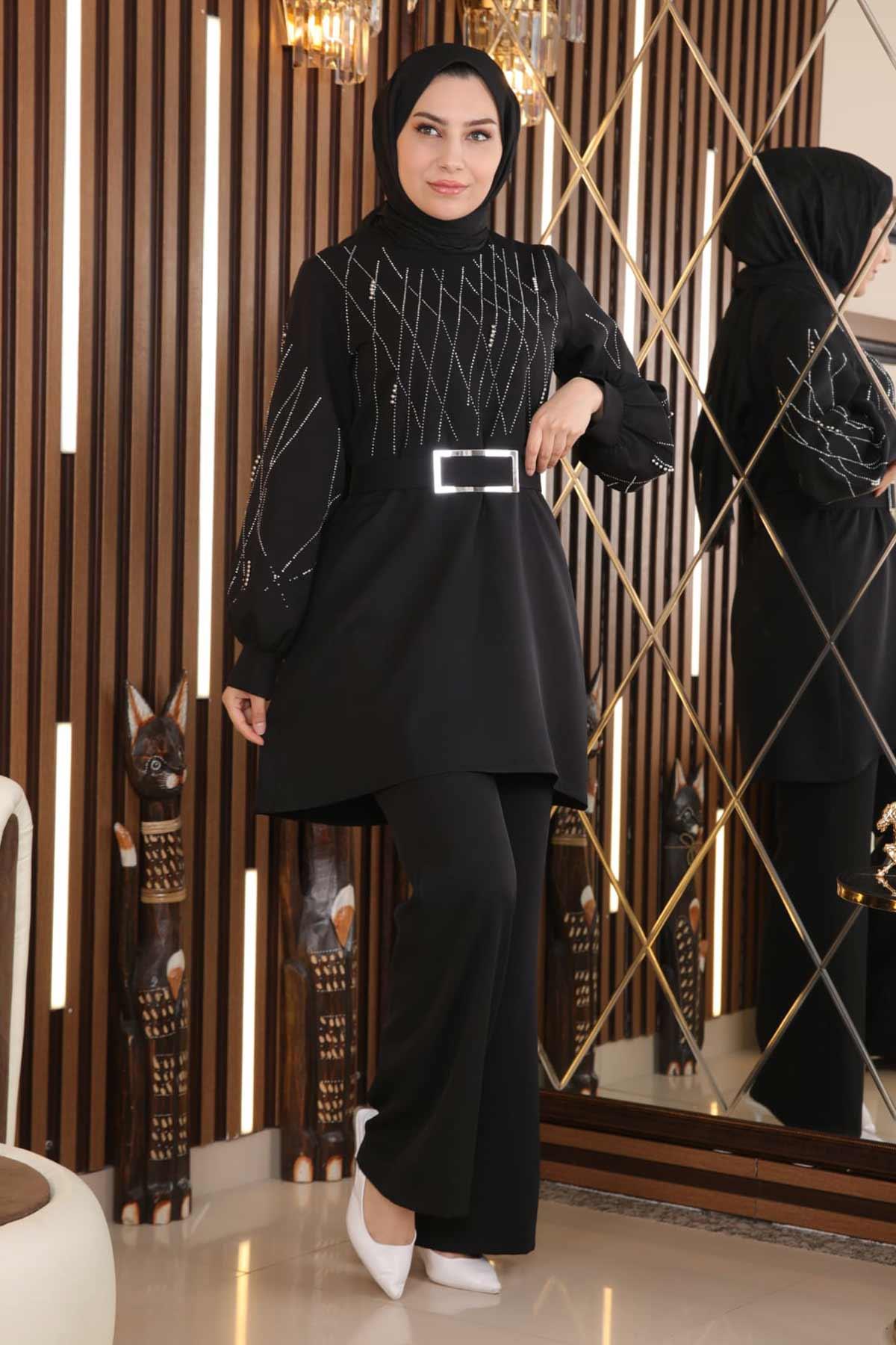 İncili Taş Detaylı Takım Siyah Siyah MSW19116-3