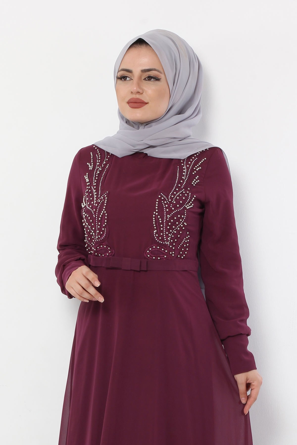 İncili Tesettür Elbise Mürdüm Mürdüm 8909-2