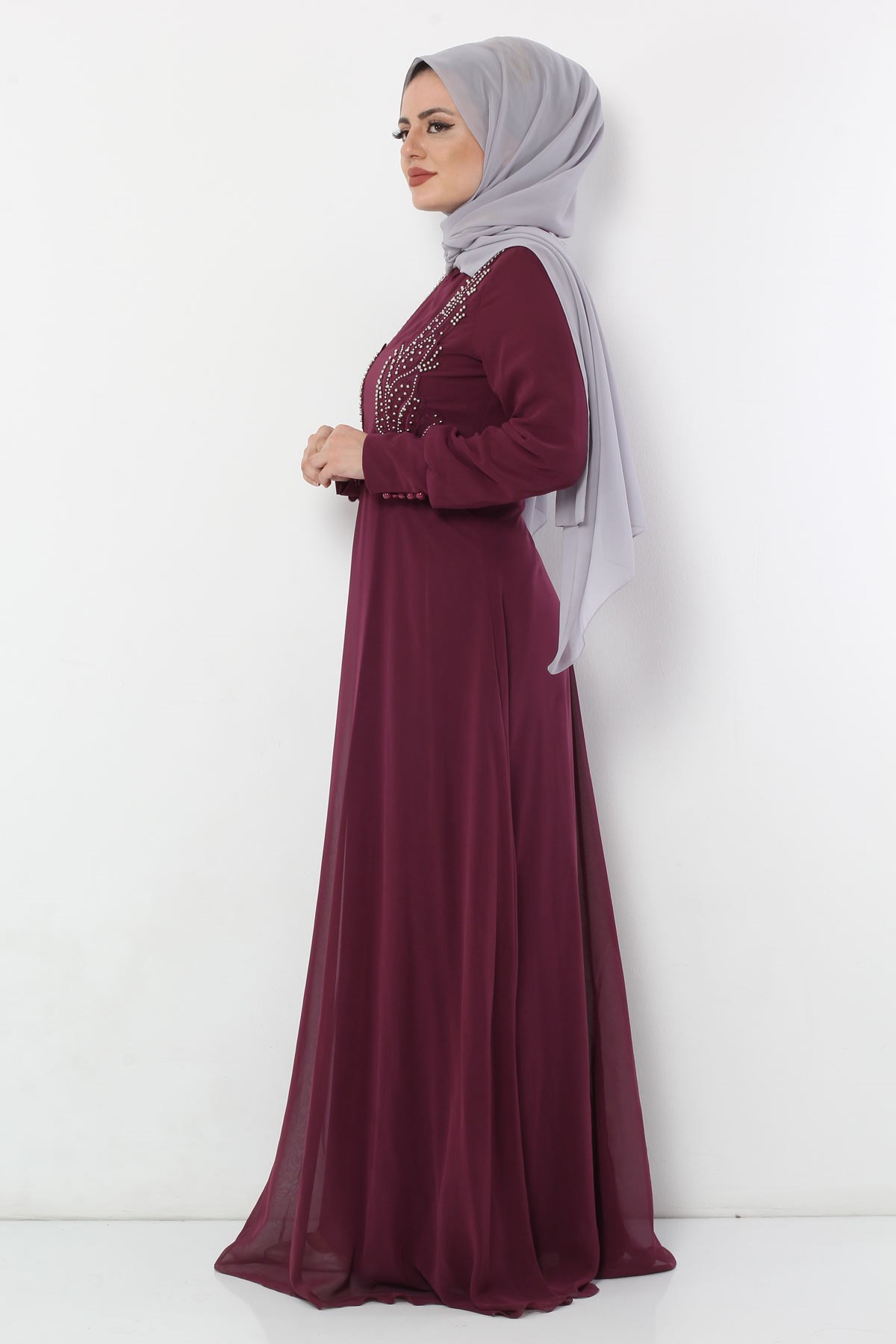 İncili Tesettür Elbise Mürdüm Mürdüm 8909-2