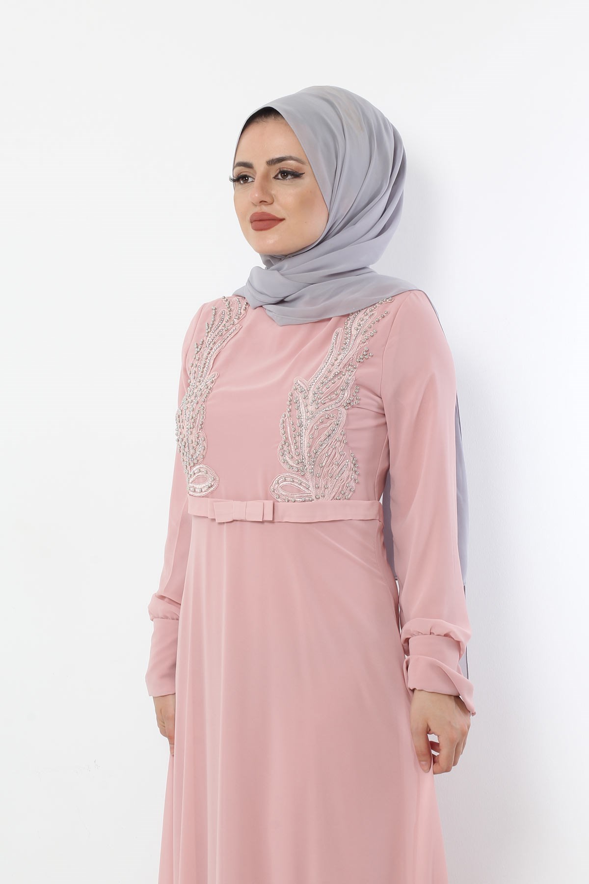 İncili Tesettür Elbise Pudra Pudra 8909-4