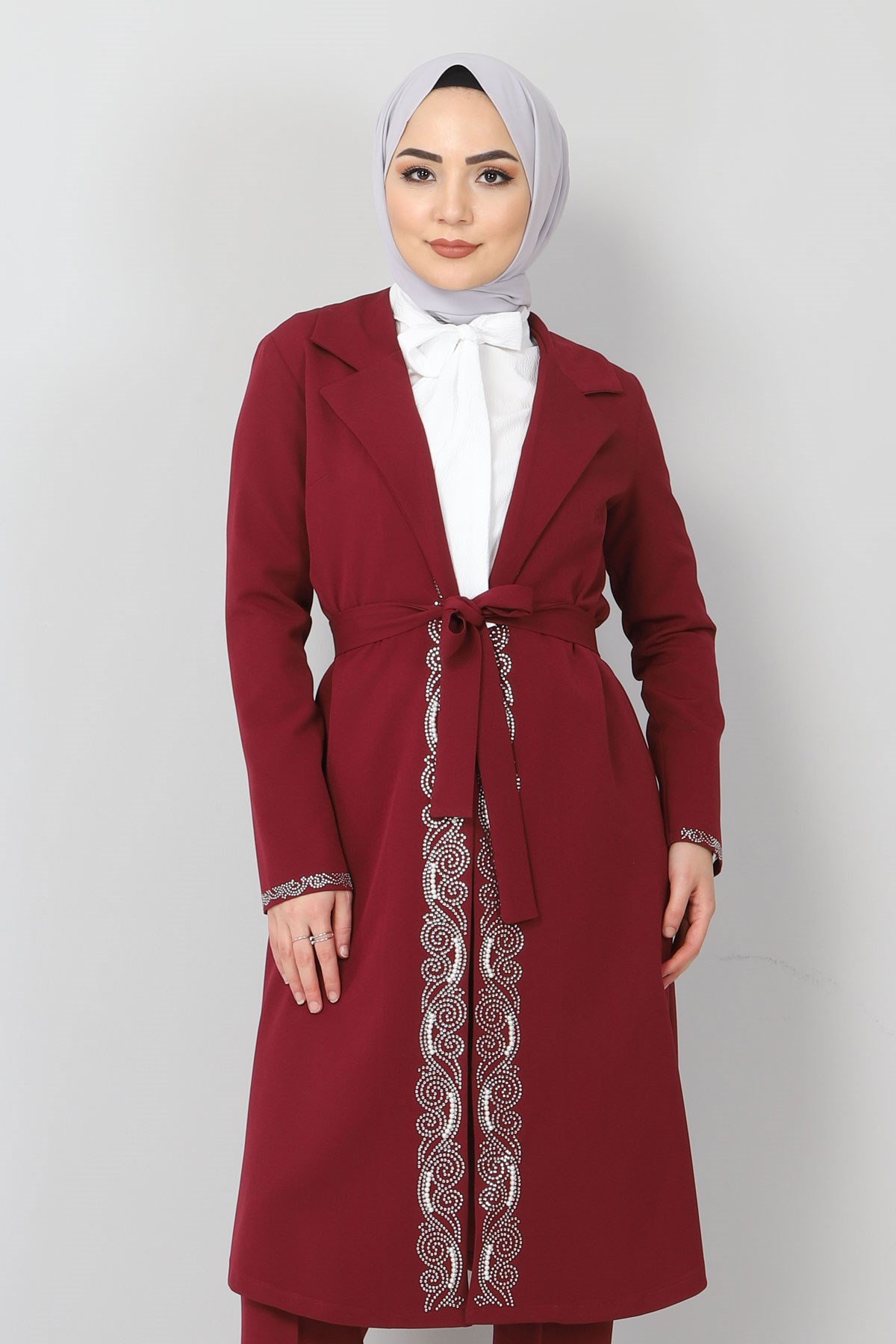 İncili Ve Taşlı Kombin Bordo 10008