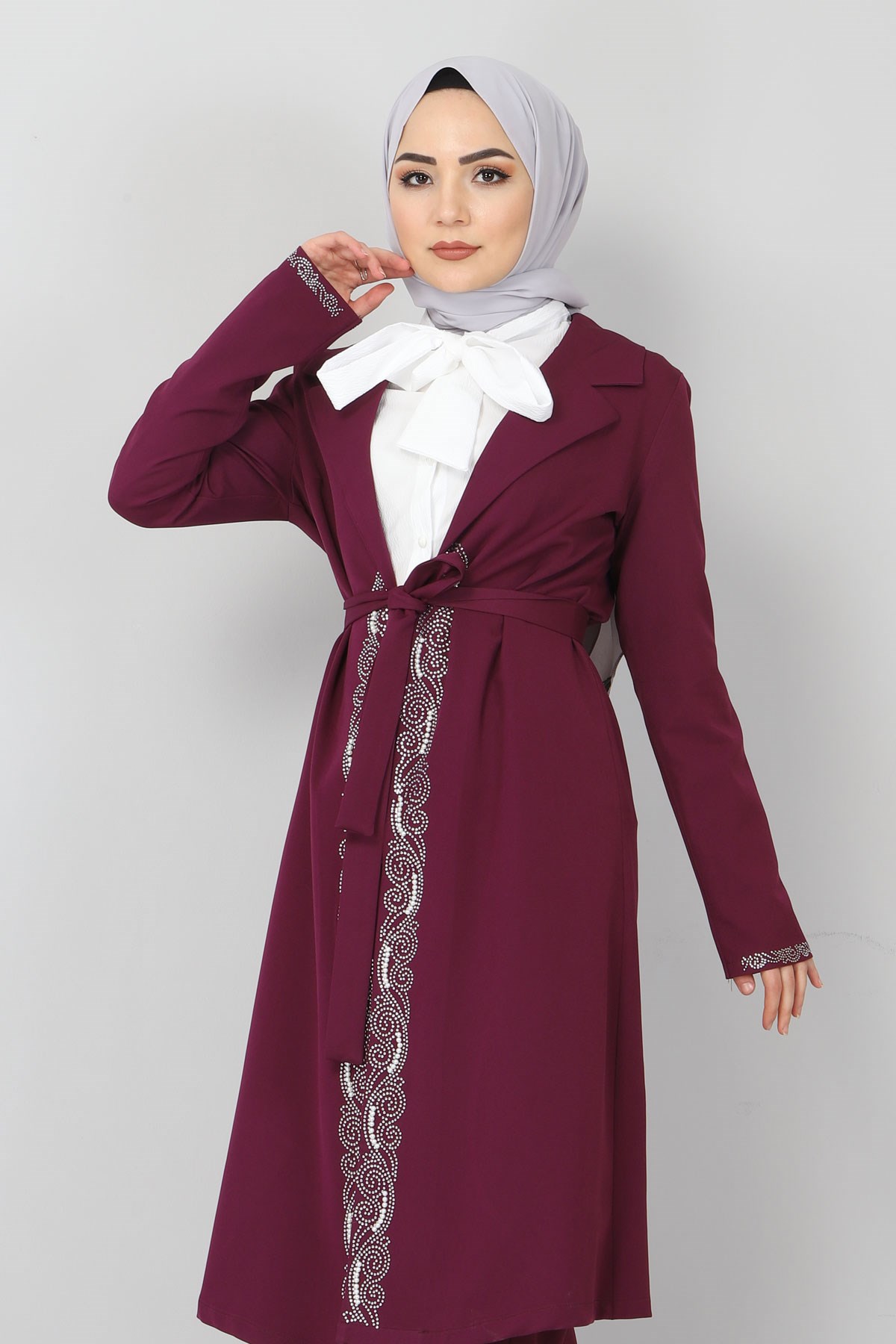 İncili Ve Taşlı Kombin Mürdüm 10008
