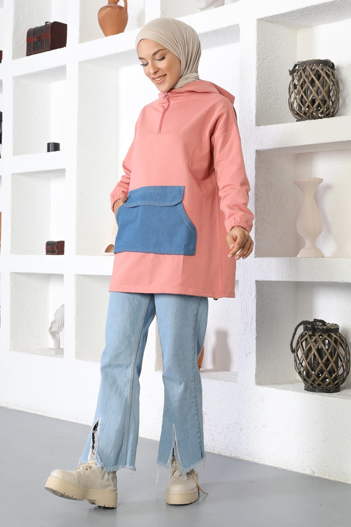 Kanguru Cepli Sweatshirt Nar Çiçeği 6044