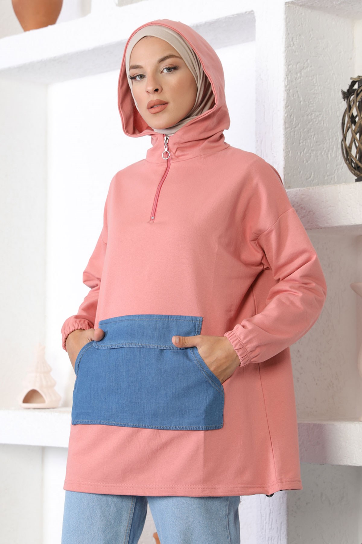 Kanguru Cepli Sweatshirt Nar Çiçeği 6044
