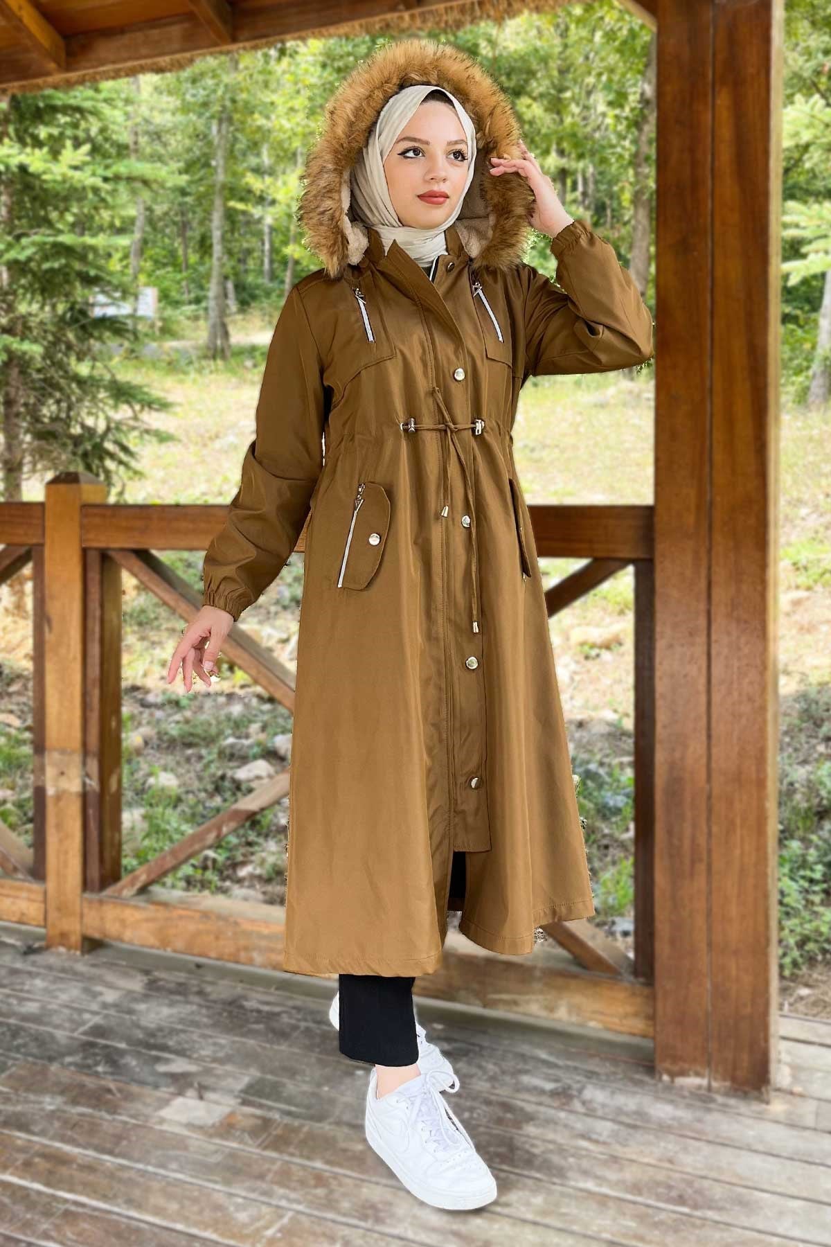 Kapşonlu Fermuarlı Mont Taba 10349