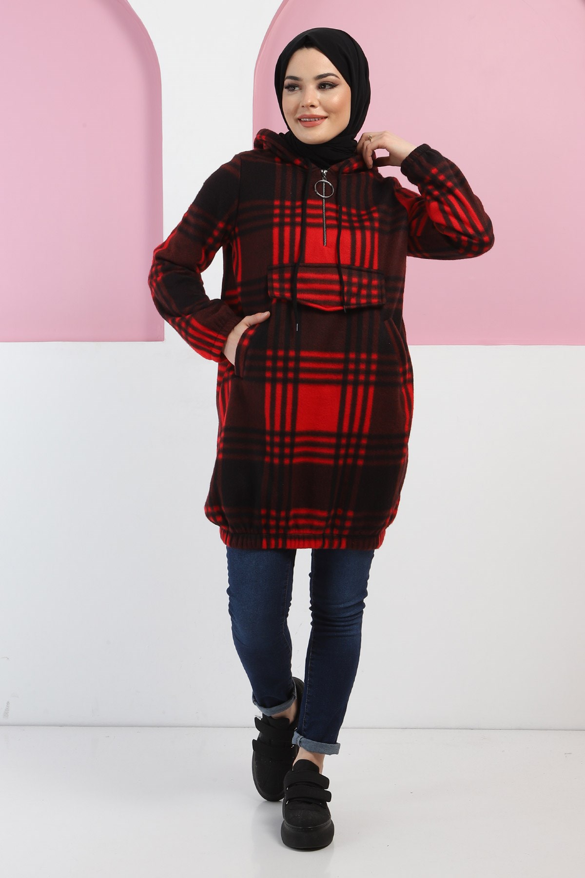Kapşonlu Fermuarlı Polar Sweatshirt Bordo 10901