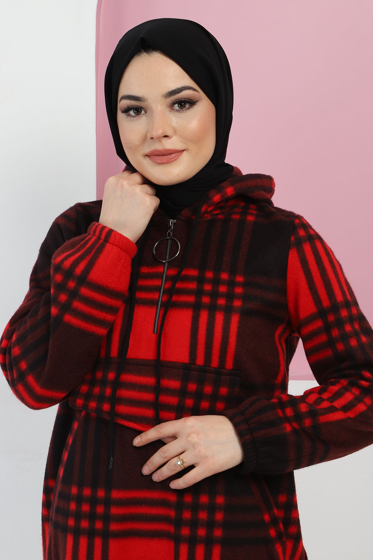 Kapşonlu Fermuarlı Polar Sweatshirt Bordo 10901