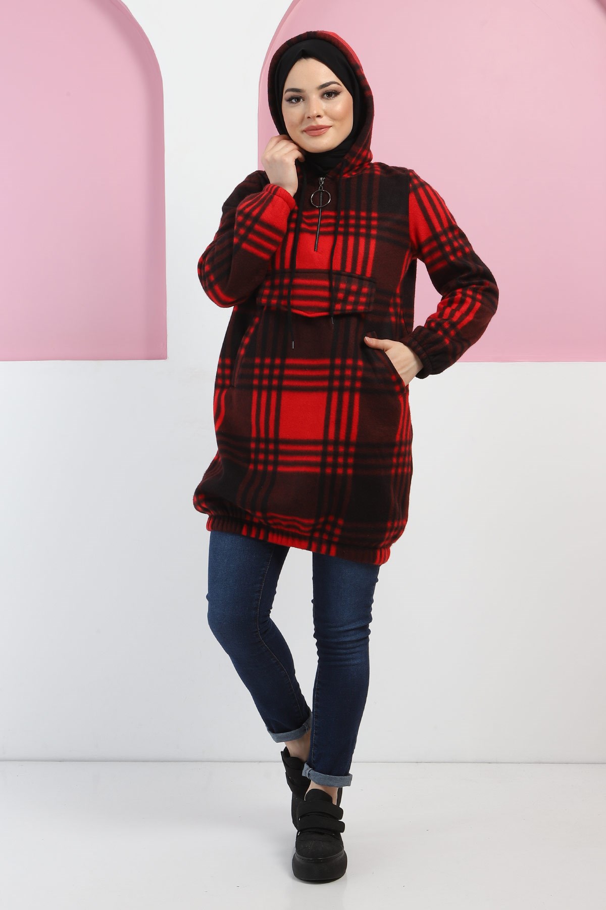 Kapşonlu Fermuarlı Polar Sweatshirt Bordo 10901