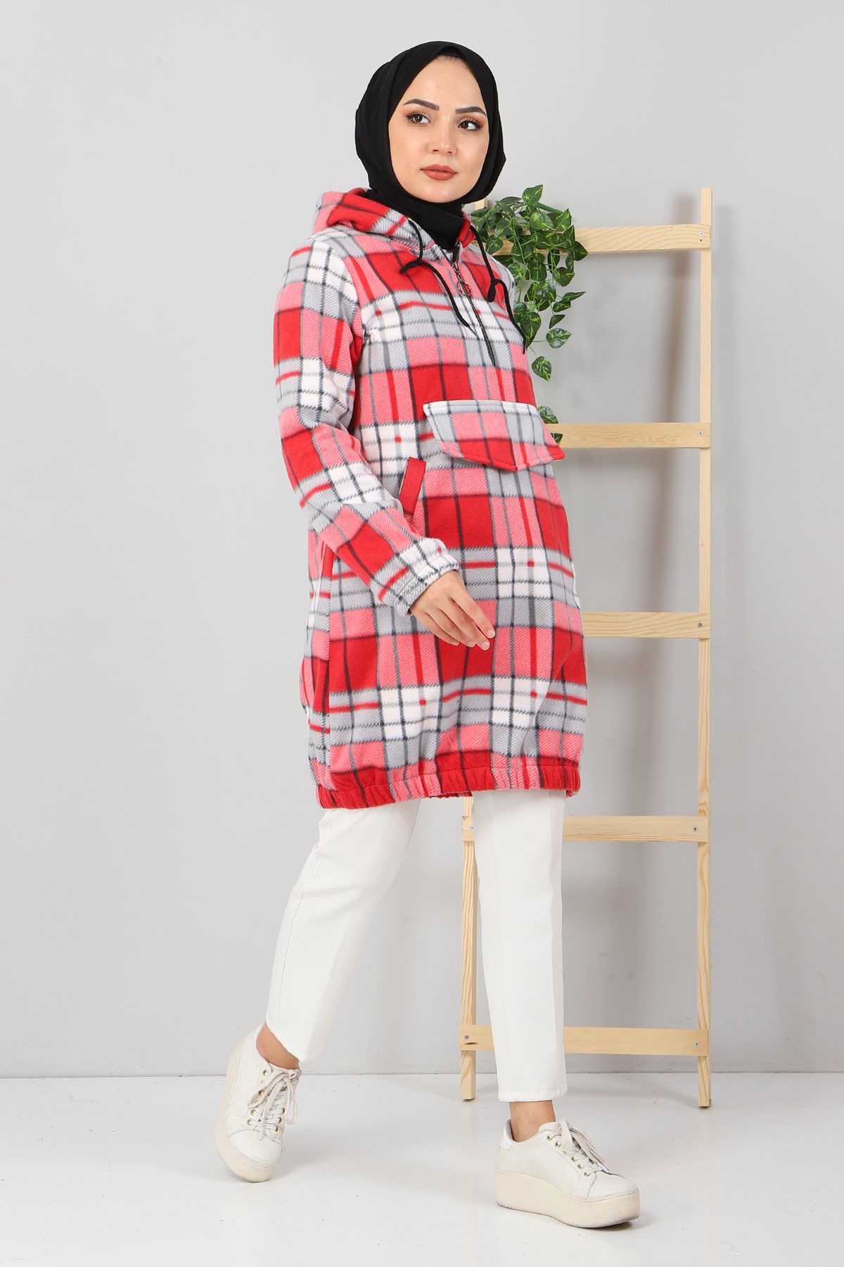 Kapşonlu Fermuarlı Polar Sweatshirt Kırmızı 10901