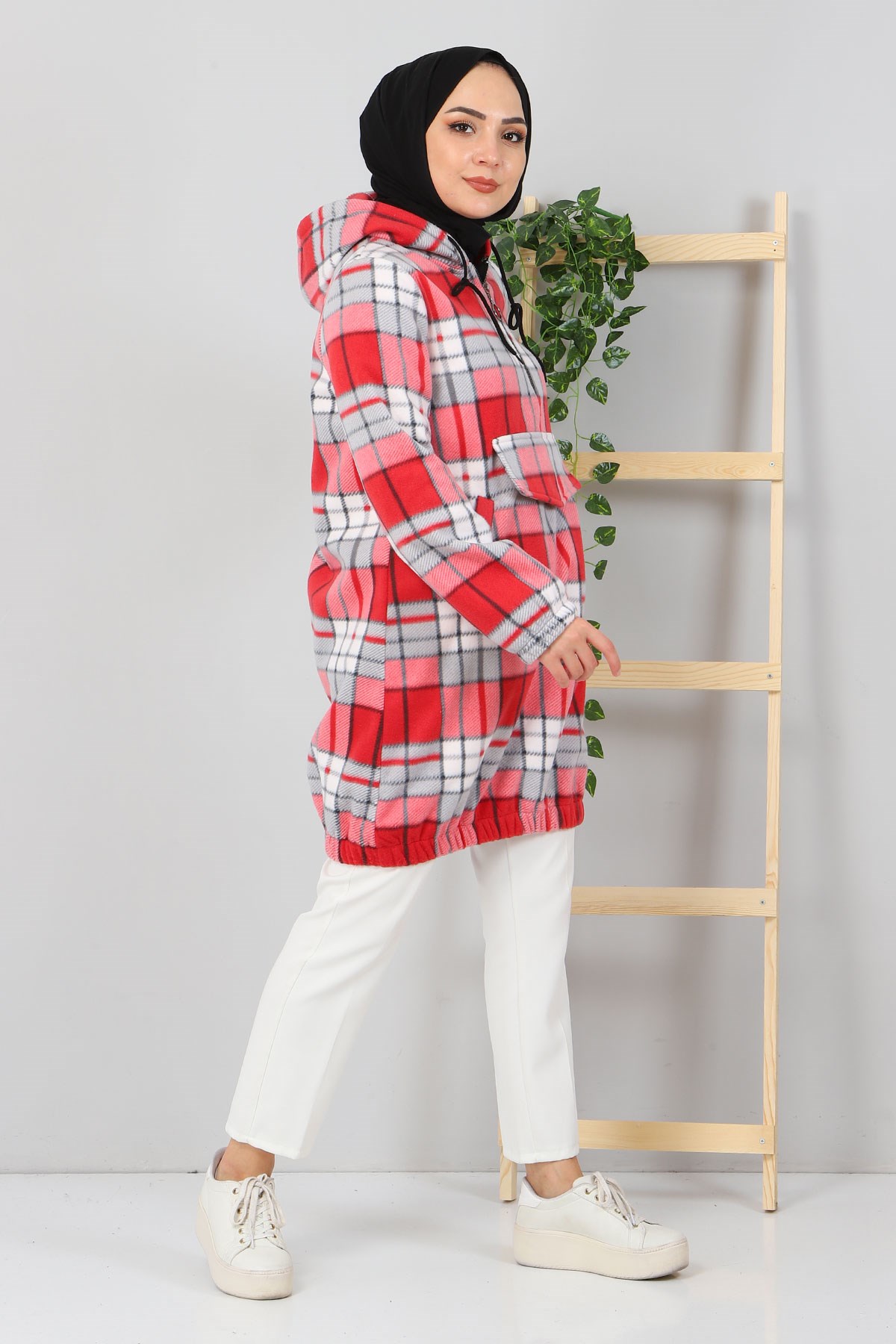 Kapşonlu Fermuarlı Polar Sweatshirt Kırmızı 10901