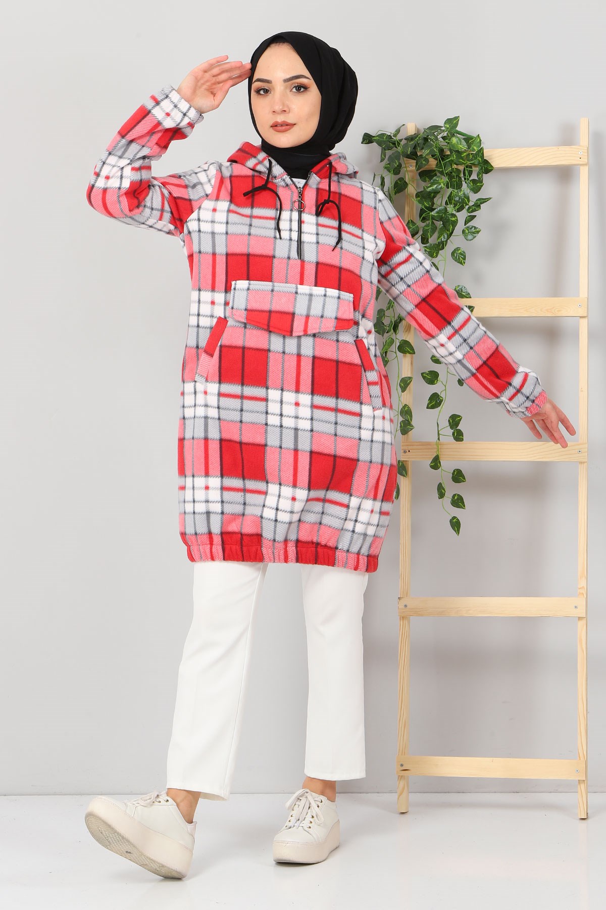 Kapşonlu Fermuarlı Polar Sweatshirt Kırmızı 10901