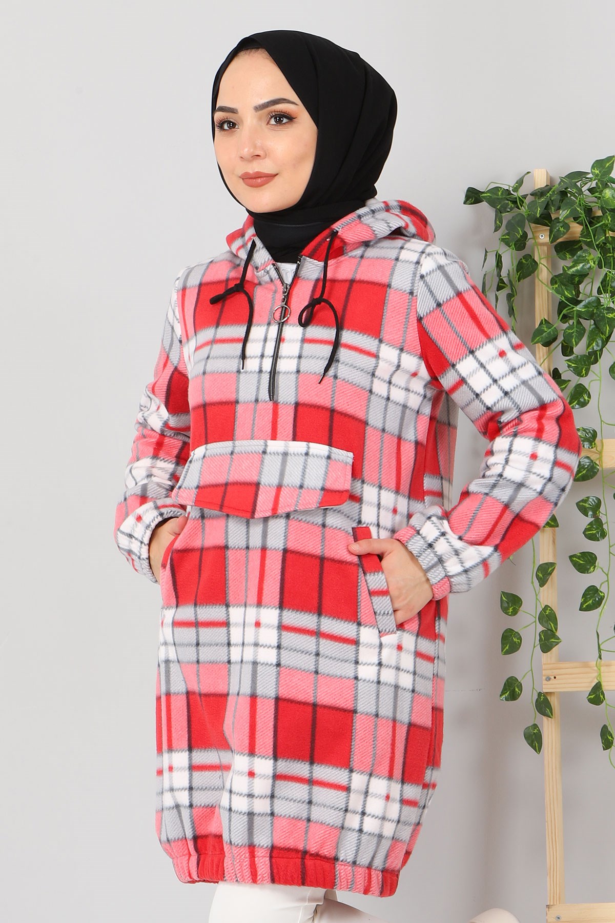 Kapşonlu Fermuarlı Polar Sweatshirt Kırmızı 10901
