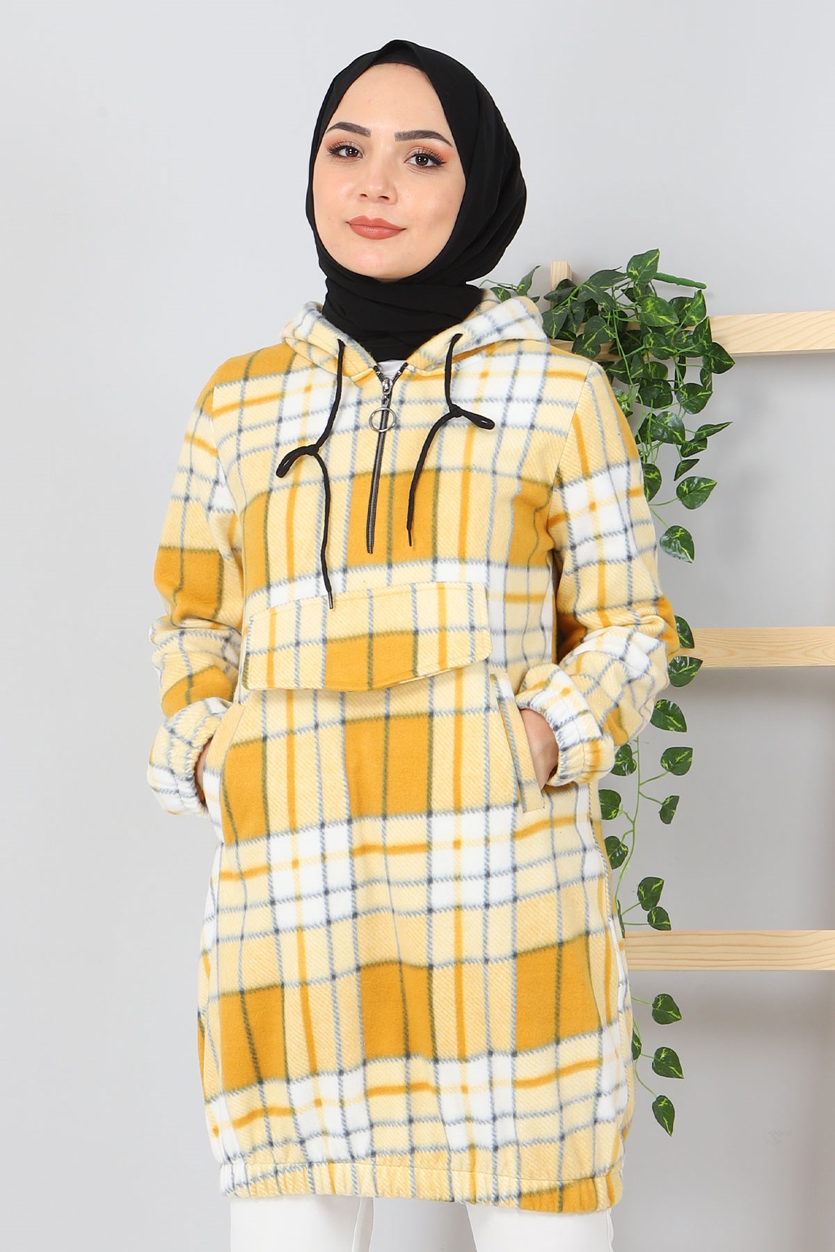 Kapşonlu Fermuarlı Polar Sweatshirt Sarı 10901
