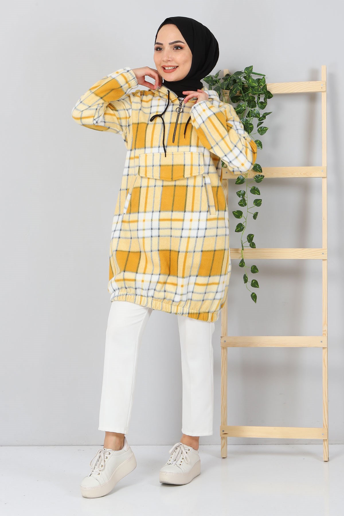 Kapşonlu Fermuarlı Polar Sweatshirt Sarı 10901