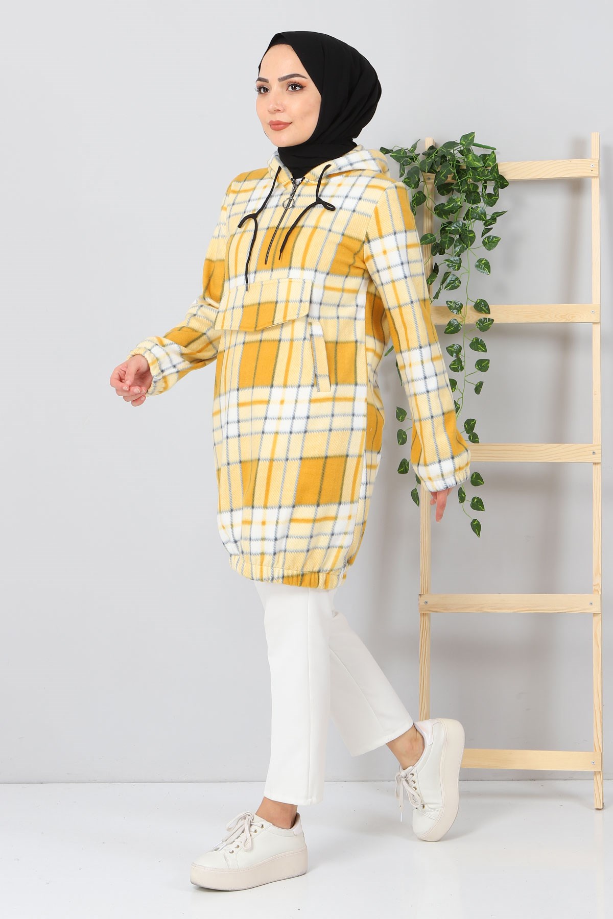 Kapşonlu Fermuarlı Polar Sweatshirt Sarı 10901
