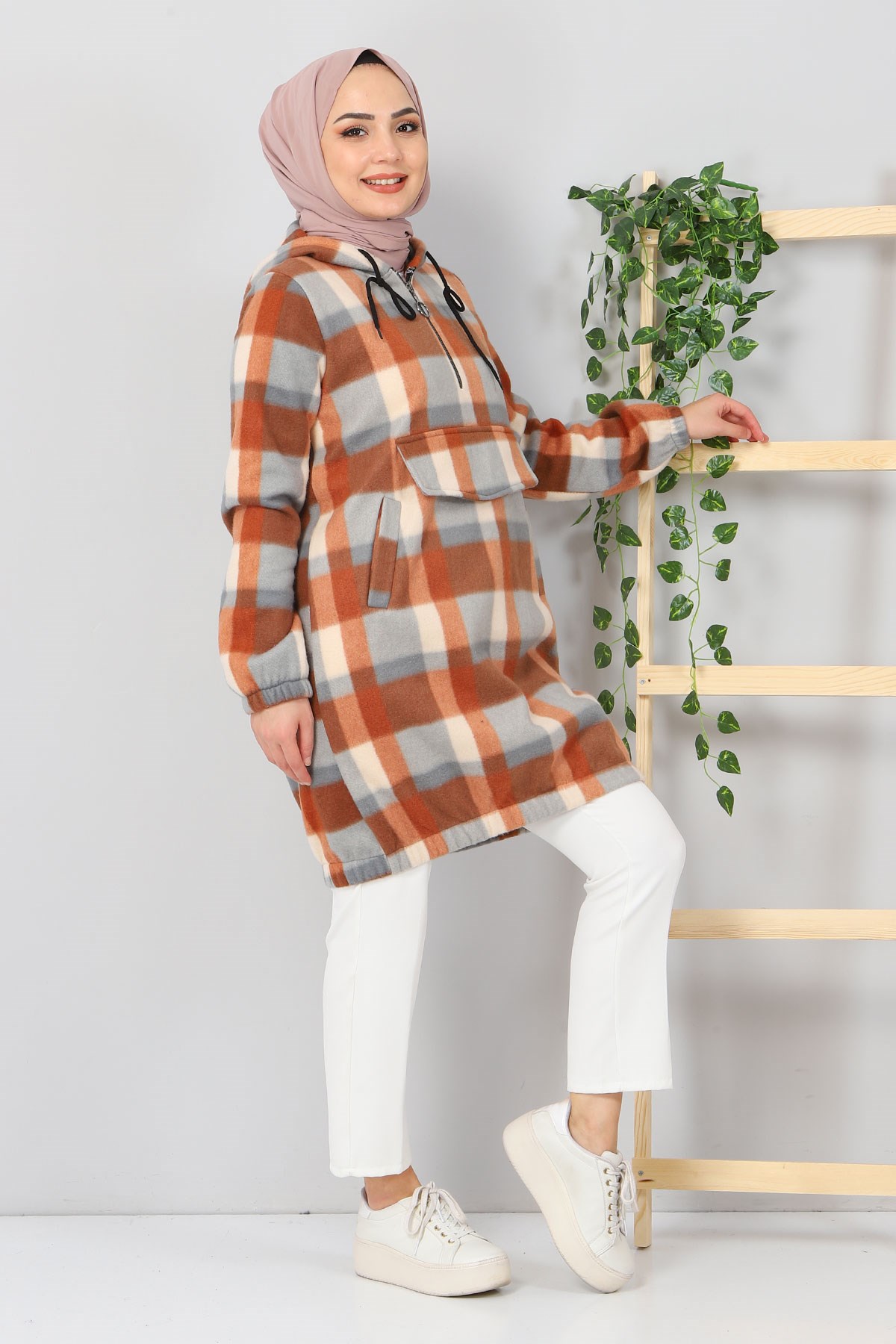 Kapşonlu Fermuarlı Polar Sweatshirt Taba 10901