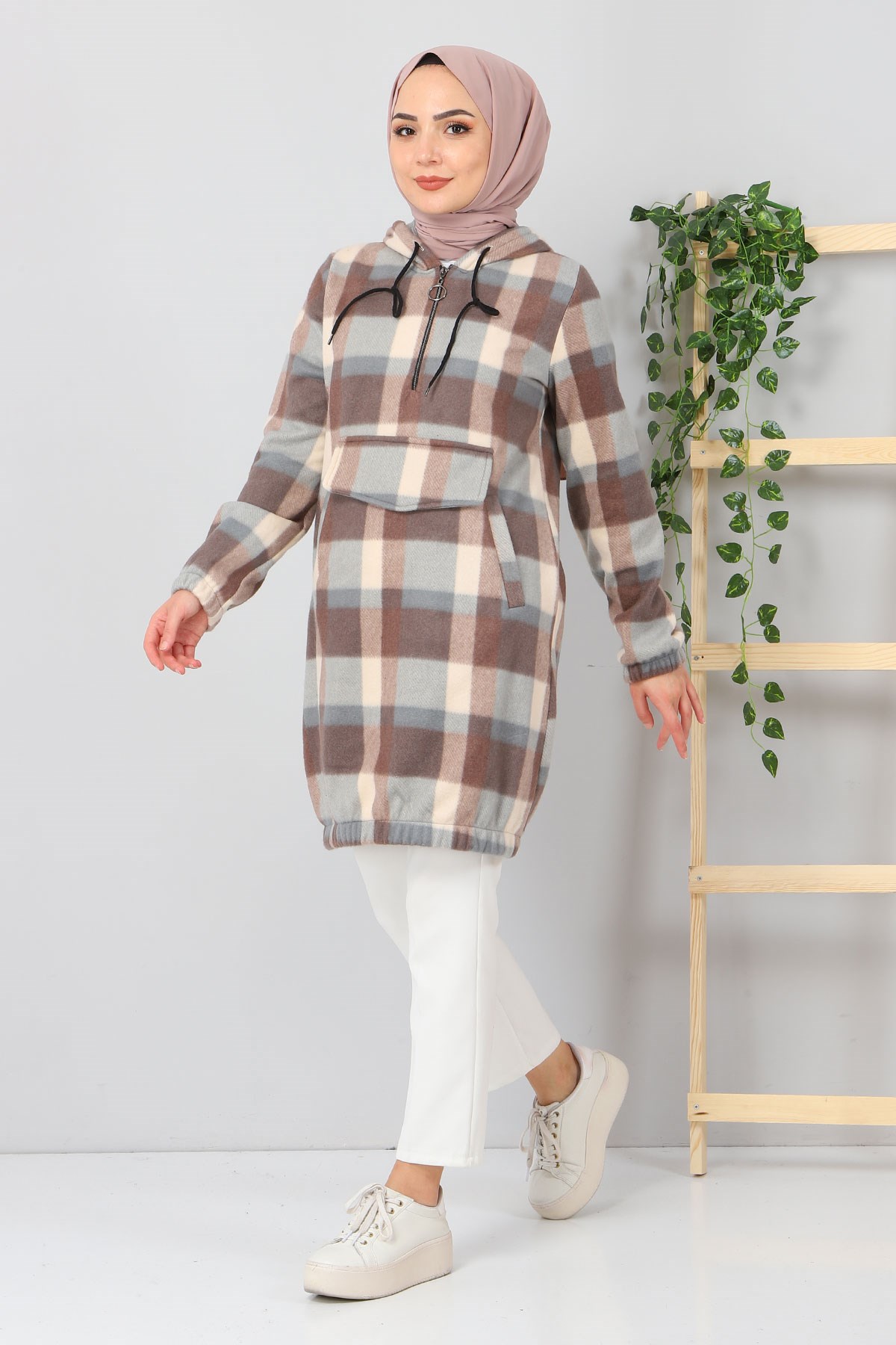Kapşonlu Fermuarlı Polar Sweatshirt Vizon 10901