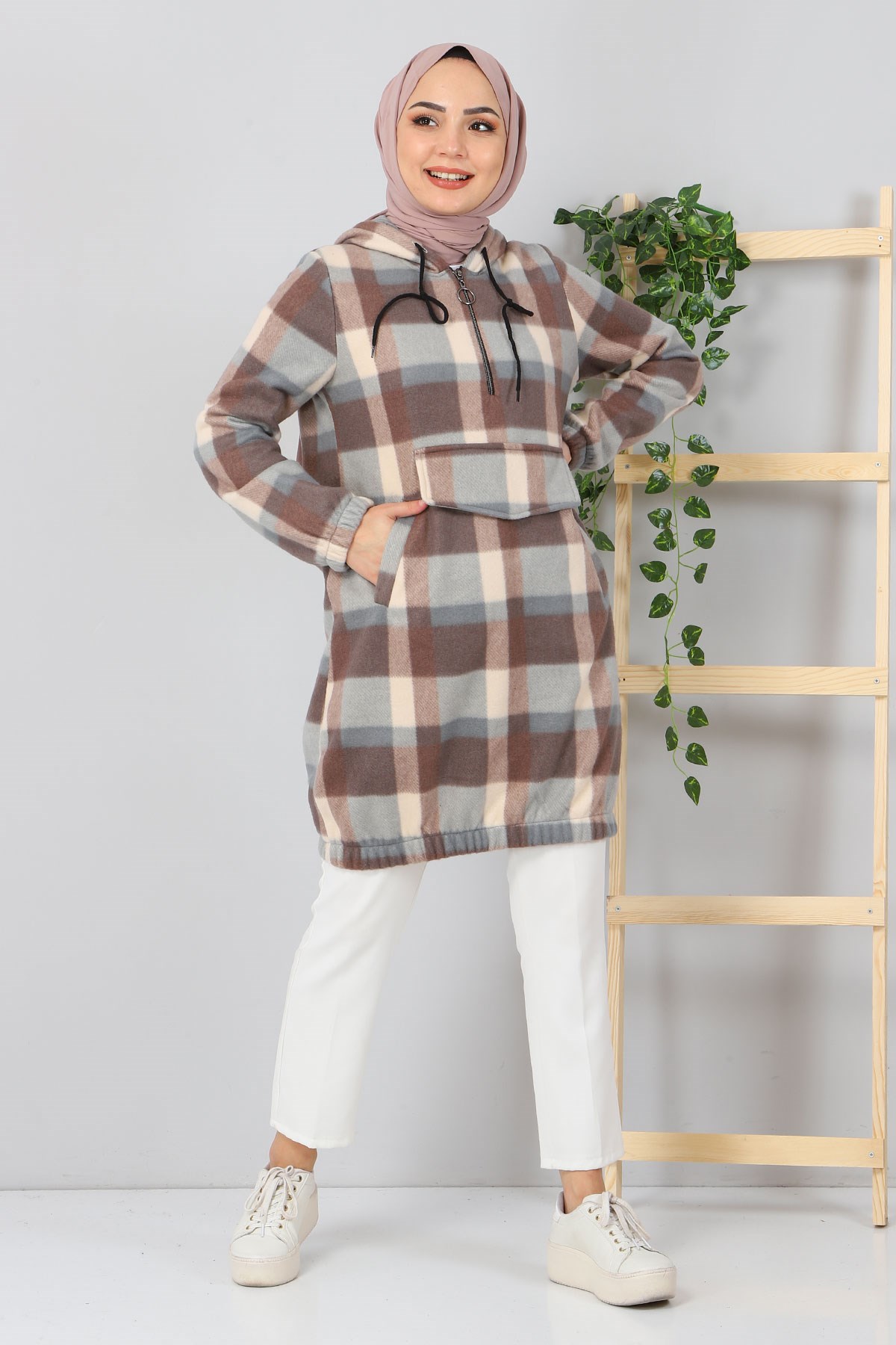 Kapşonlu Fermuarlı Polar Sweatshirt Vizon 10901