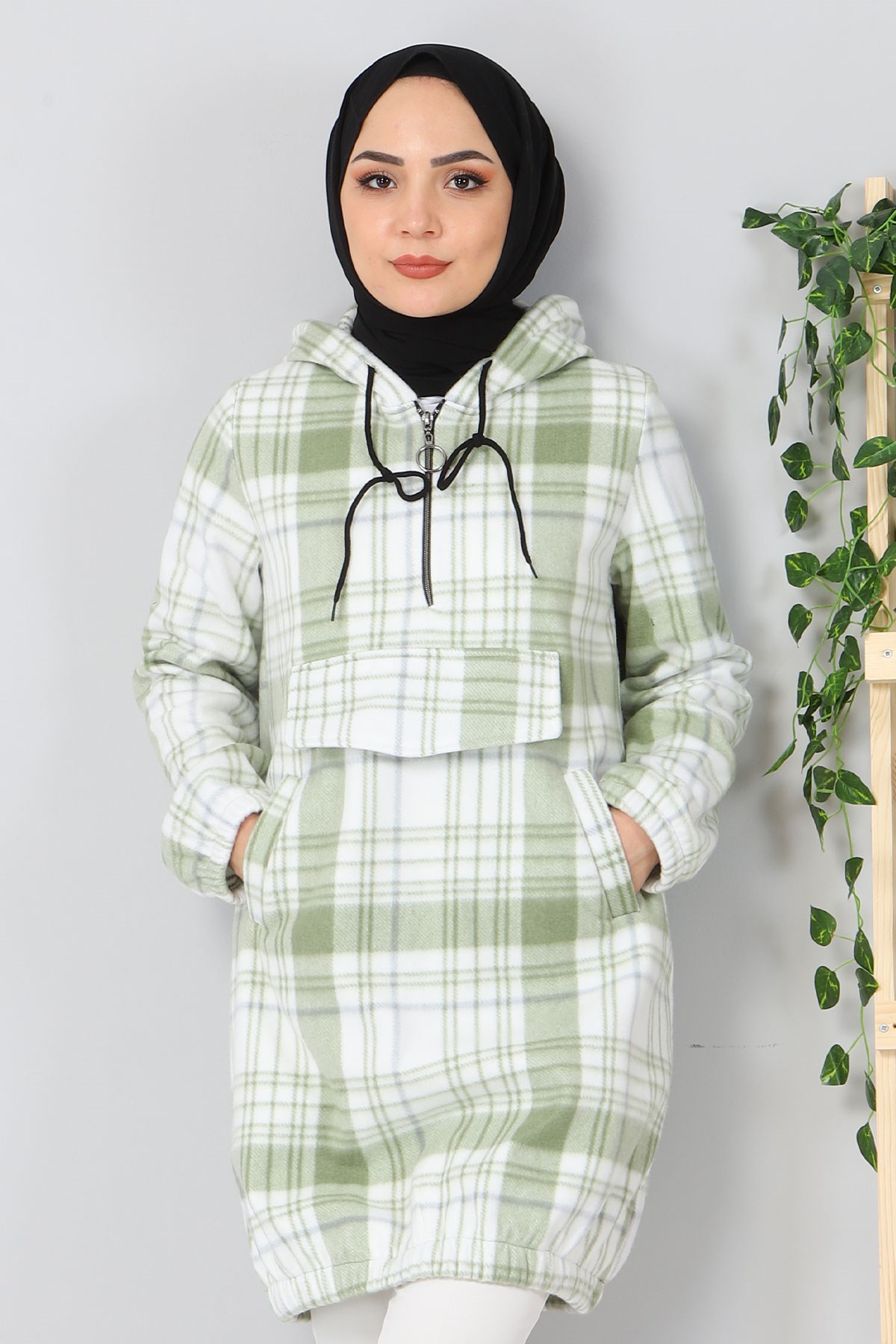 Kapşonlu Fermuarlı Polar Sweatshirt Yeşil 10901