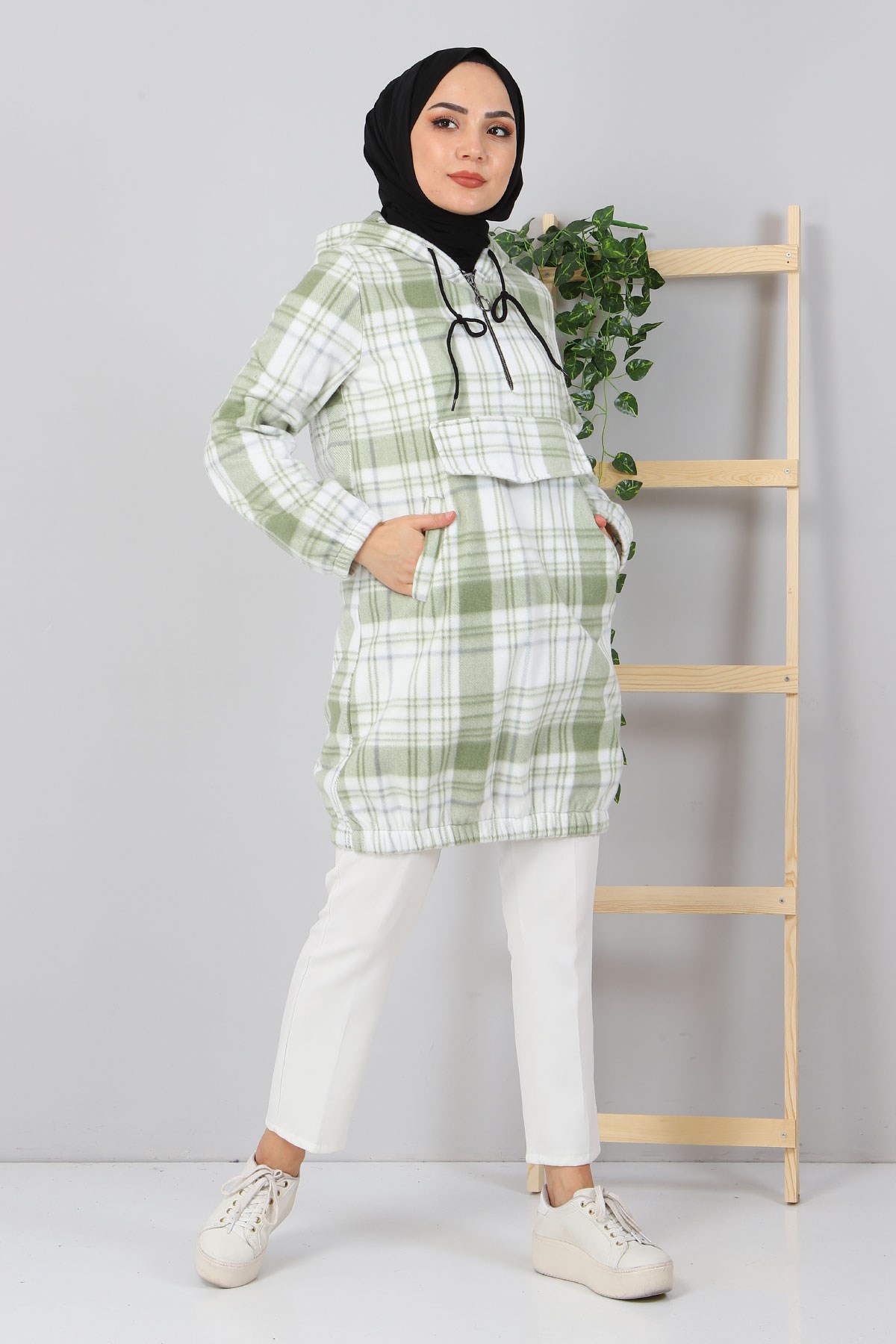 Kapşonlu Fermuarlı Polar Sweatshirt Yeşil 10901