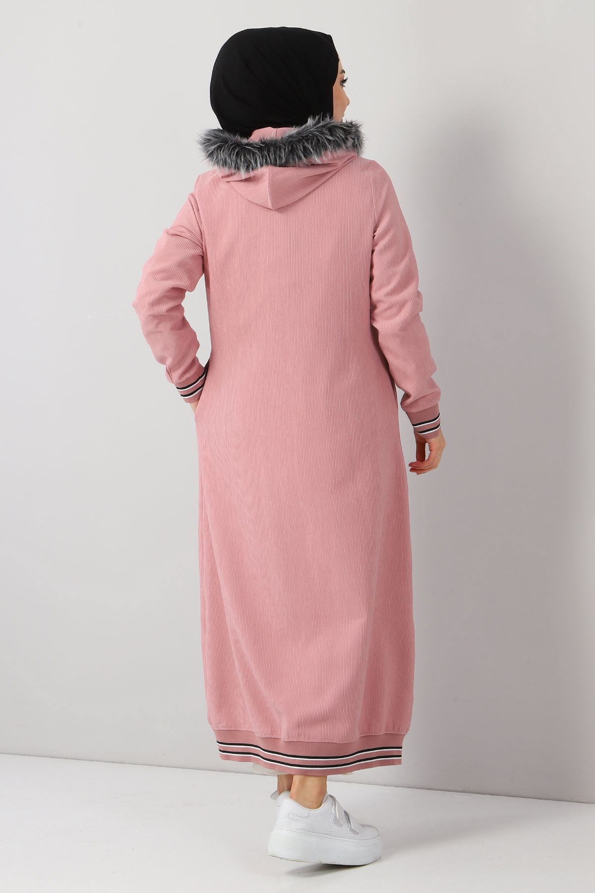 Kapşonlu Kadife Kap Pembe 11200