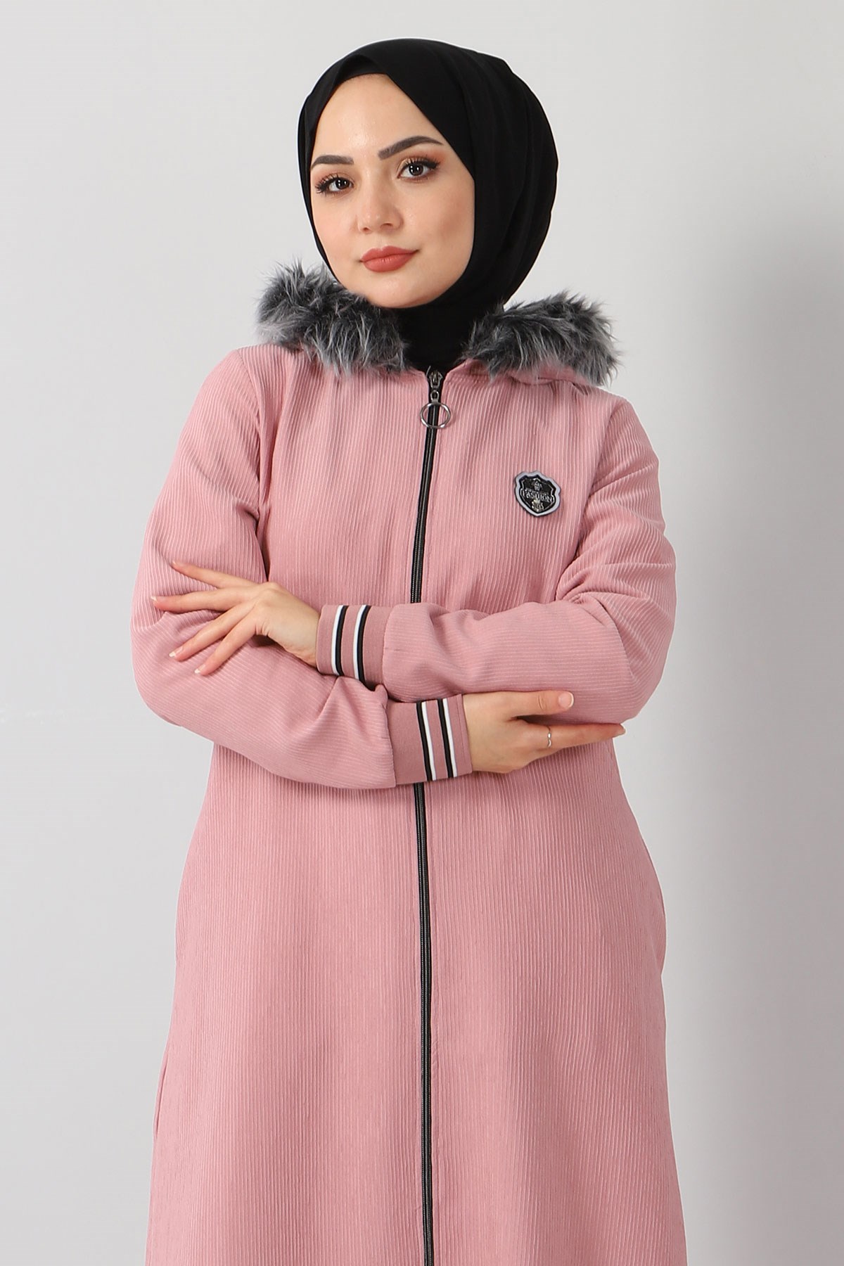 Kapşonlu Kadife Kap Pembe 11200