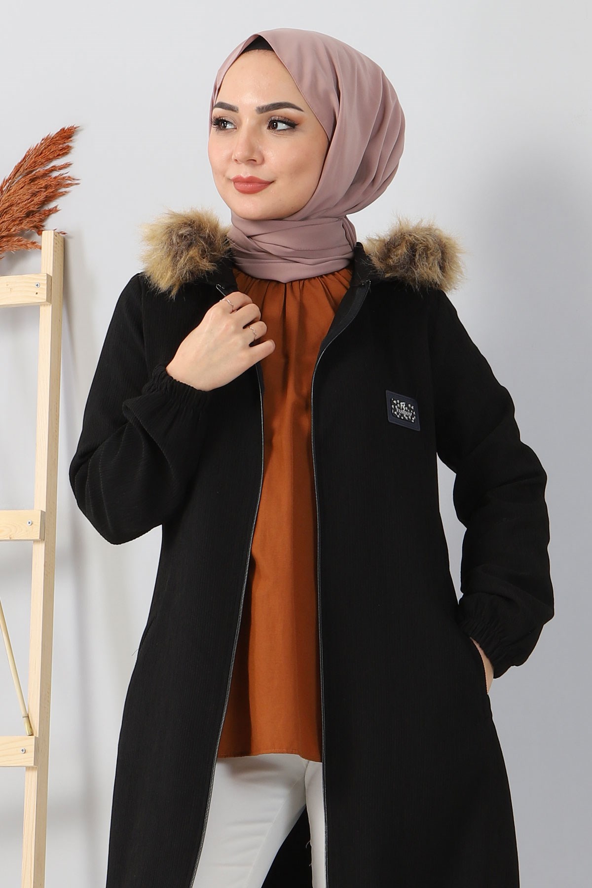Kapşonlu Kadife Kap Siyah 10285
