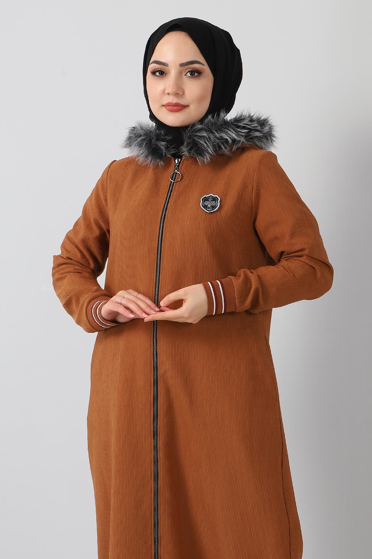 Kapşonlu Kadife Kap Taba 11200