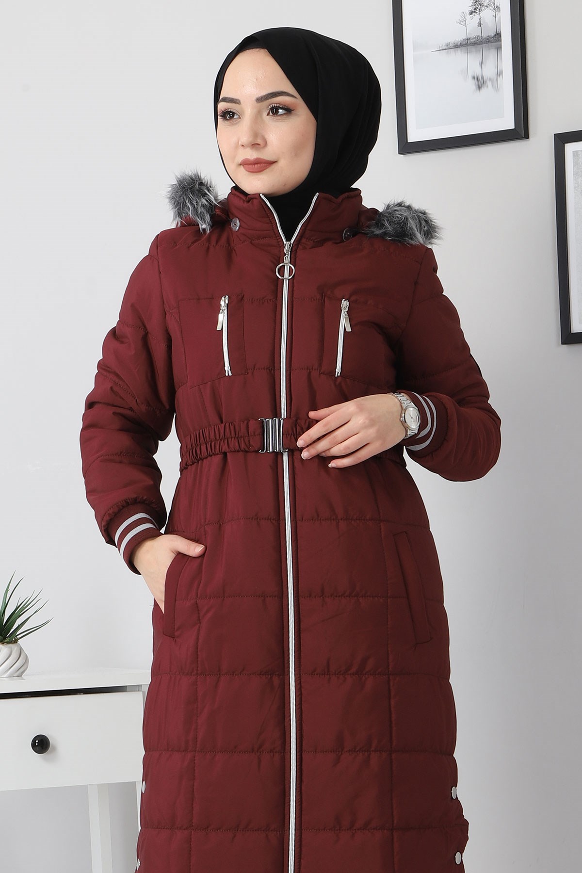Kapşonlu Kapitone Mont Bordo 10600