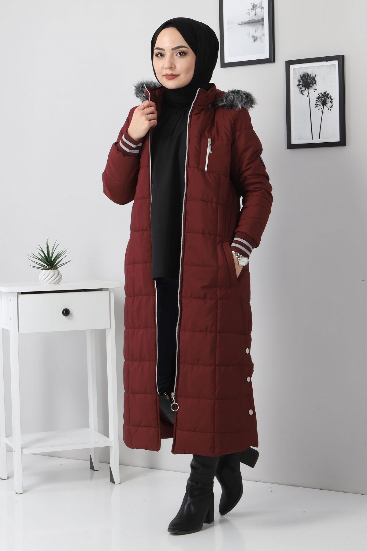 Kapşonlu Kapitone Mont Bordo 10600