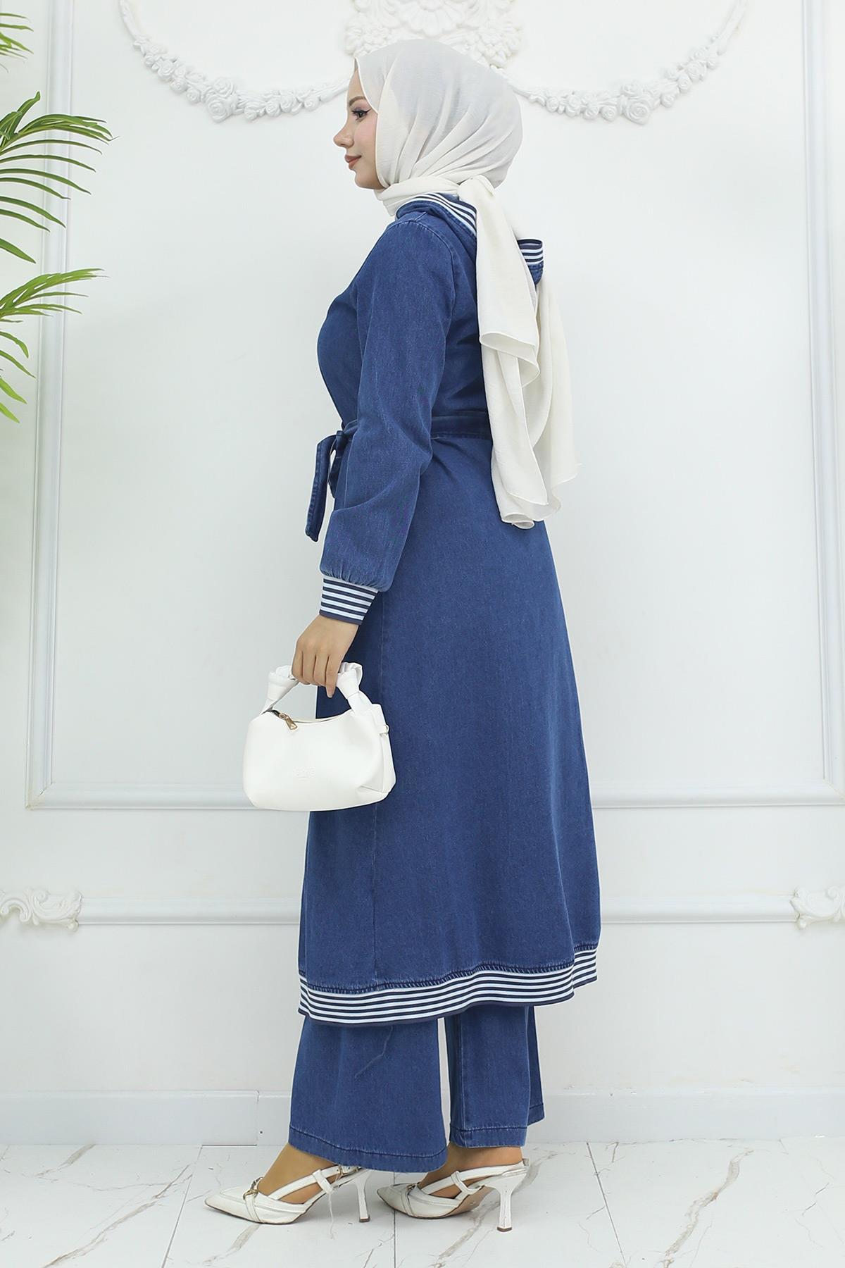 Kapşonlu Ribanalı Kot Takım Açık Kot 19244