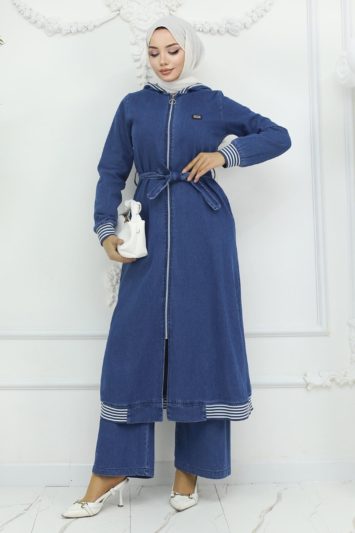 Kapşonlu Ribanalı Kot Takım Açık Kot 19244