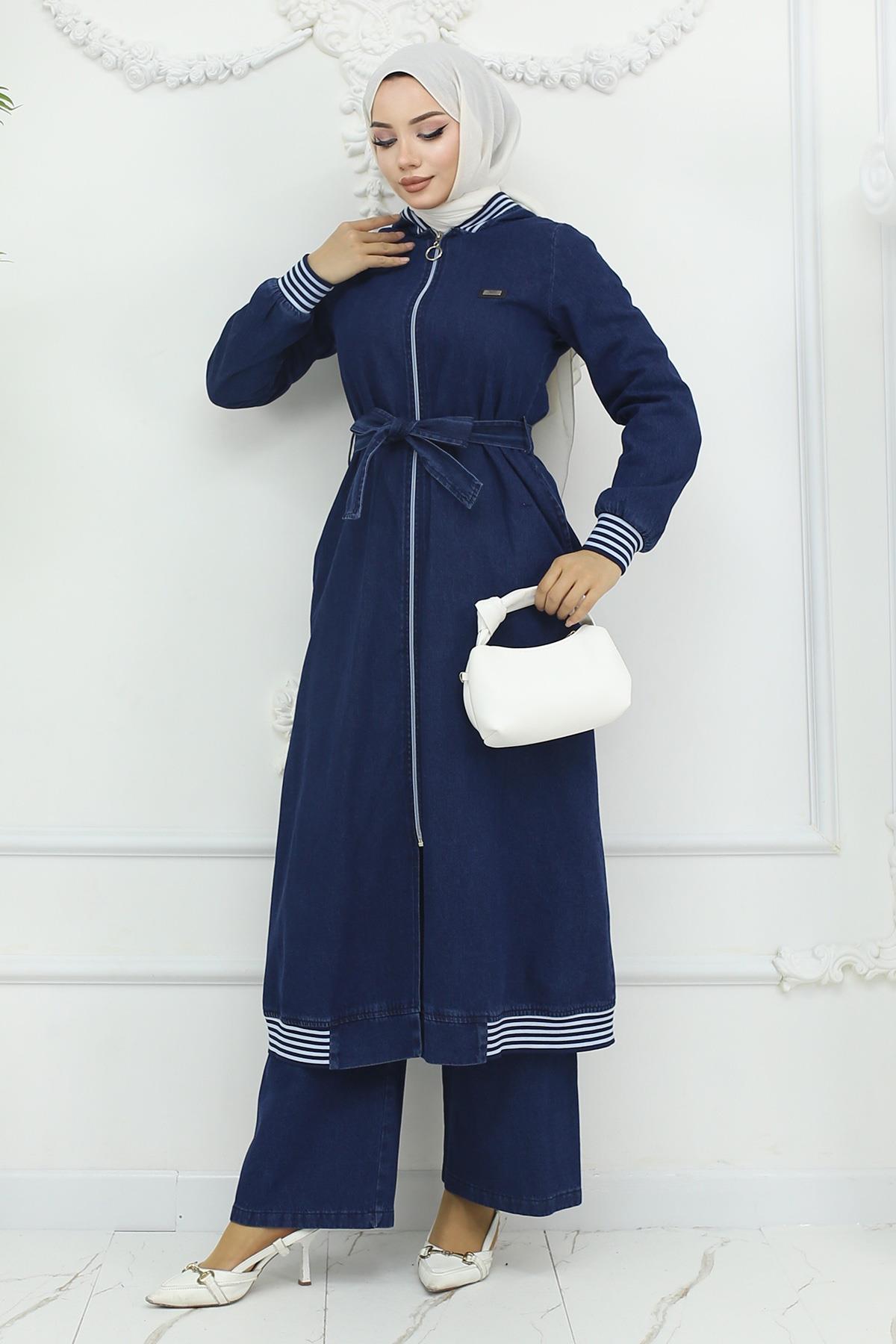 Kapşonlu Ribanalı Kot Takım Koyu Kot 19244